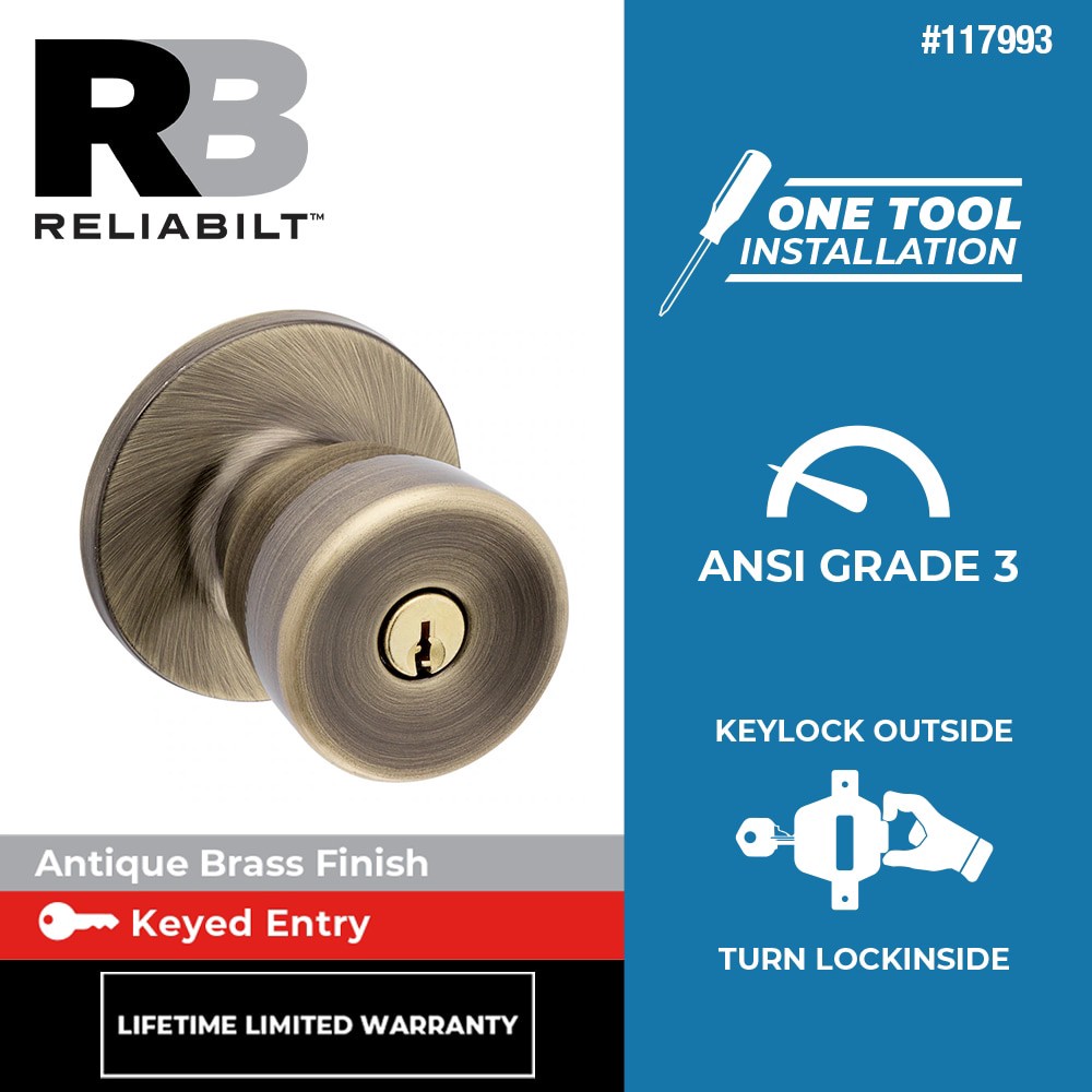 slide 2 of 6, RELIABILT Gallo Antique Brass Exterior Keyed Entry Door Knob, 1 ct