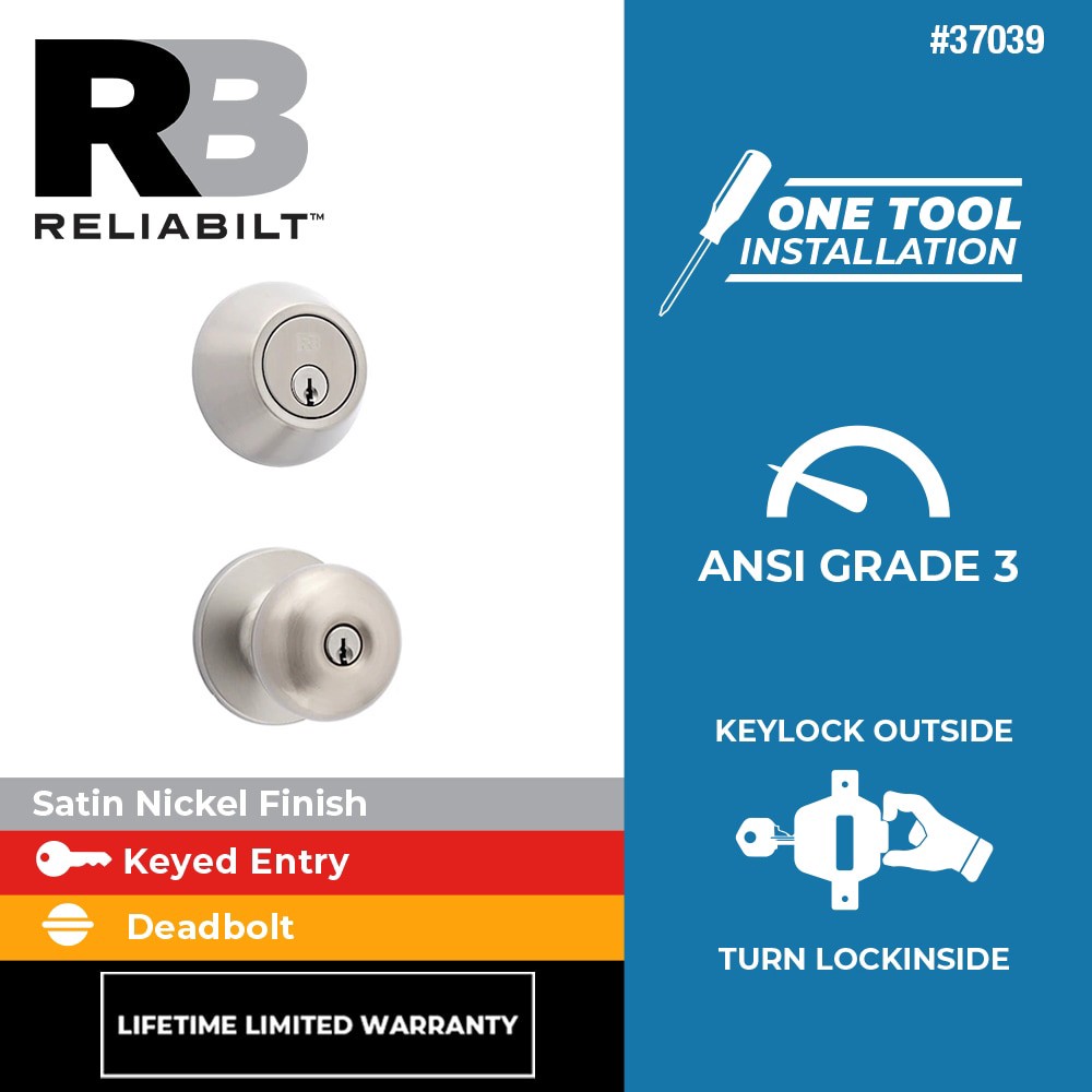 slide 2 of 6, RELIABILT Baron Satin Nickel Exterior Single-Cylinder Deadbolt and Keyed Entry Door Knob Combo Pack, 1 ct