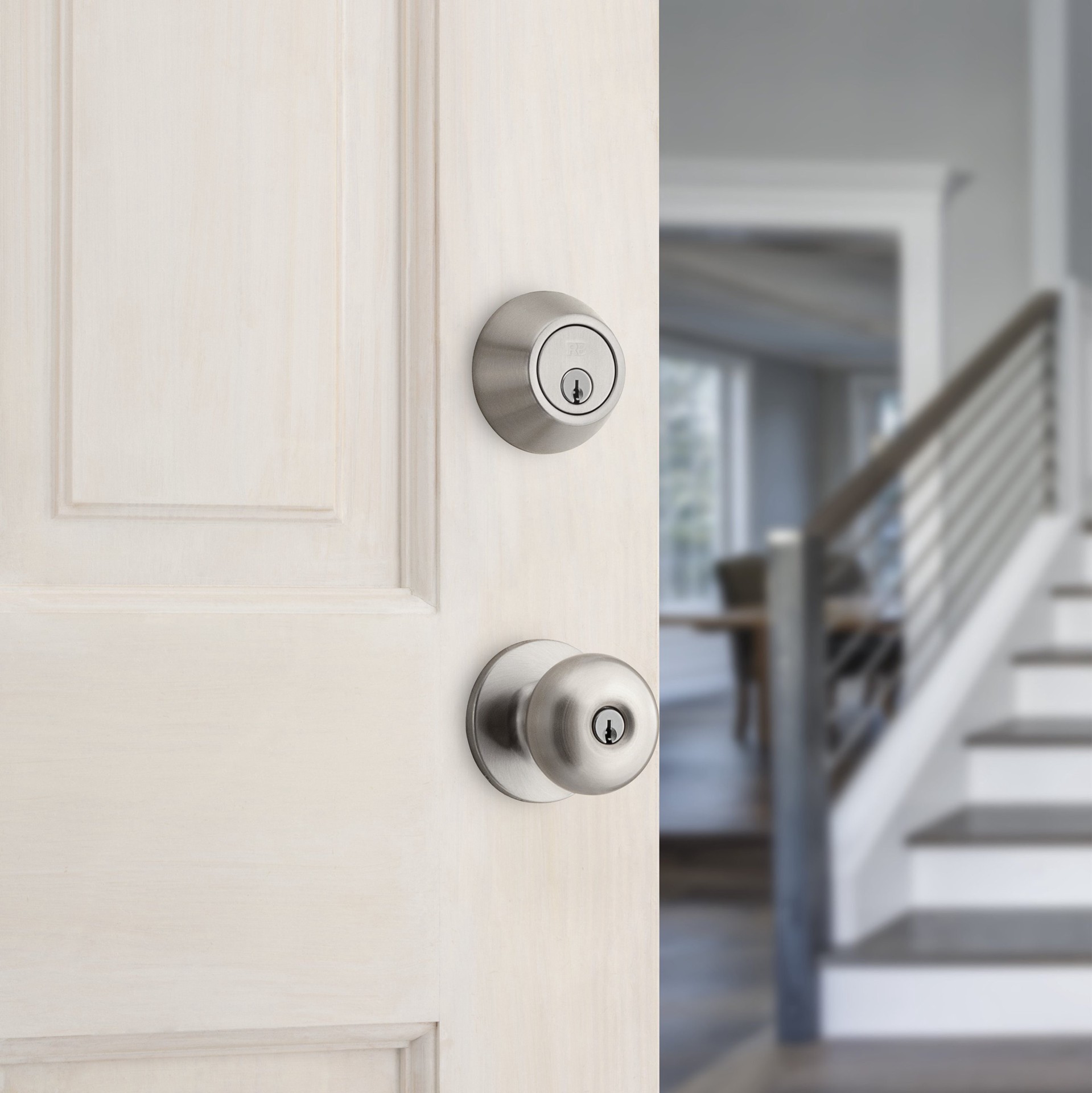 slide 4 of 6, RELIABILT Baron Satin Nickel Exterior Single-Cylinder Deadbolt and Keyed Entry Door Knob Combo Pack, 1 ct