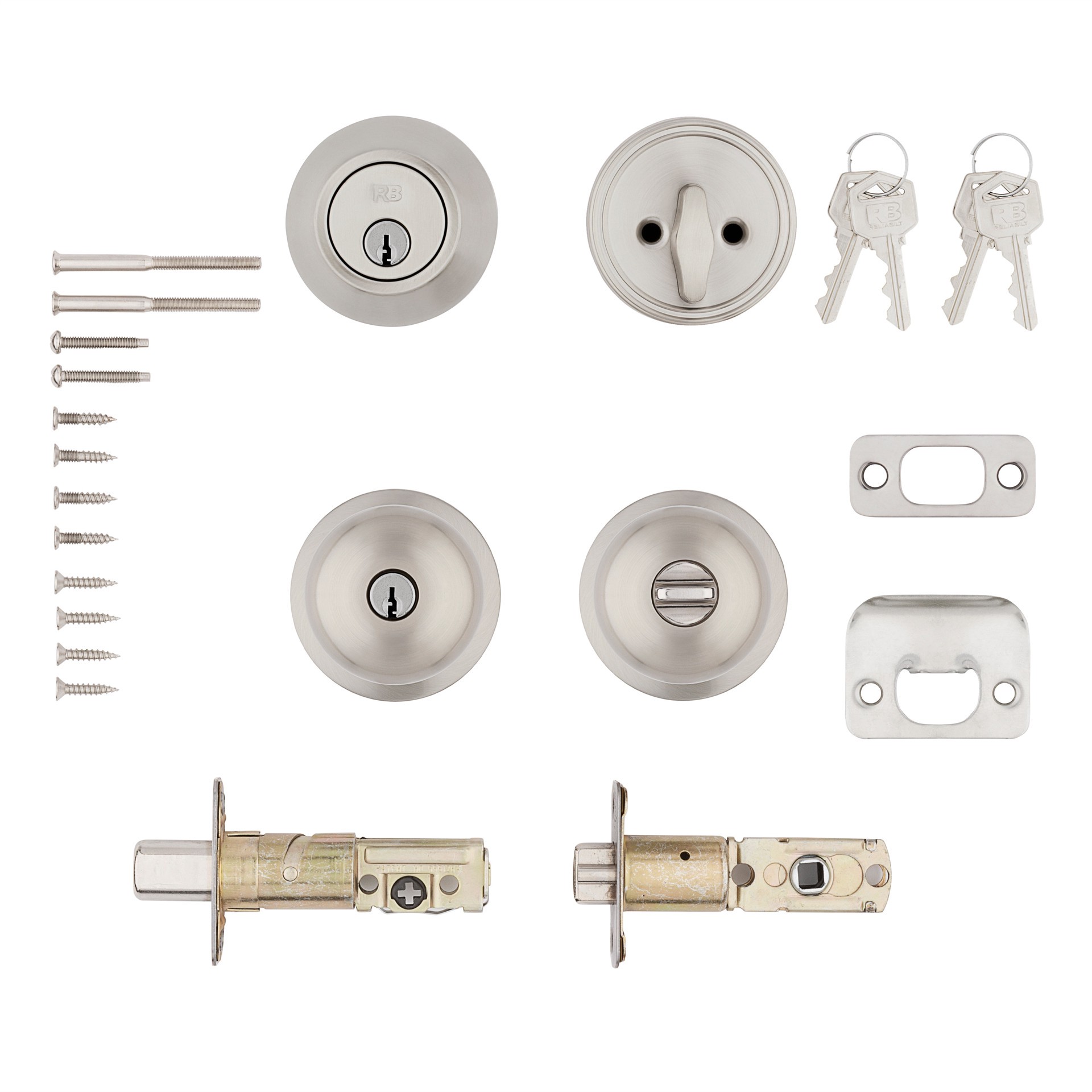 slide 6 of 6, RELIABILT Baron Satin Nickel Exterior Single-Cylinder Deadbolt and Keyed Entry Door Knob Combo Pack, 1 ct