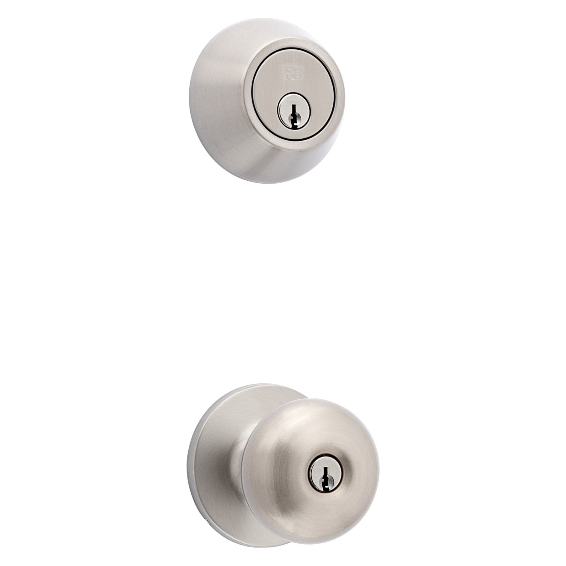 slide 1 of 6, RELIABILT Baron Satin Nickel Exterior Single-Cylinder Deadbolt and Keyed Entry Door Knob Combo Pack, 1 ct