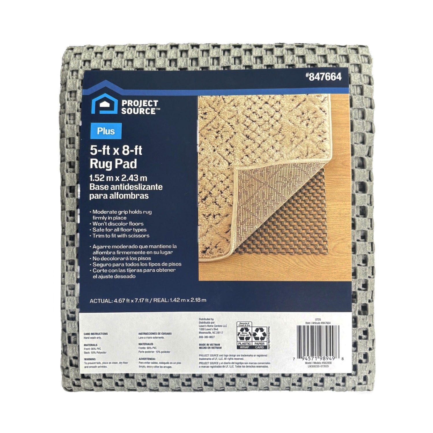 slide 4 of 5, Project Source Surface Plus 5 x 8 (ft) Rectangular PVC Non-Slip Rug Pad, 1 ct