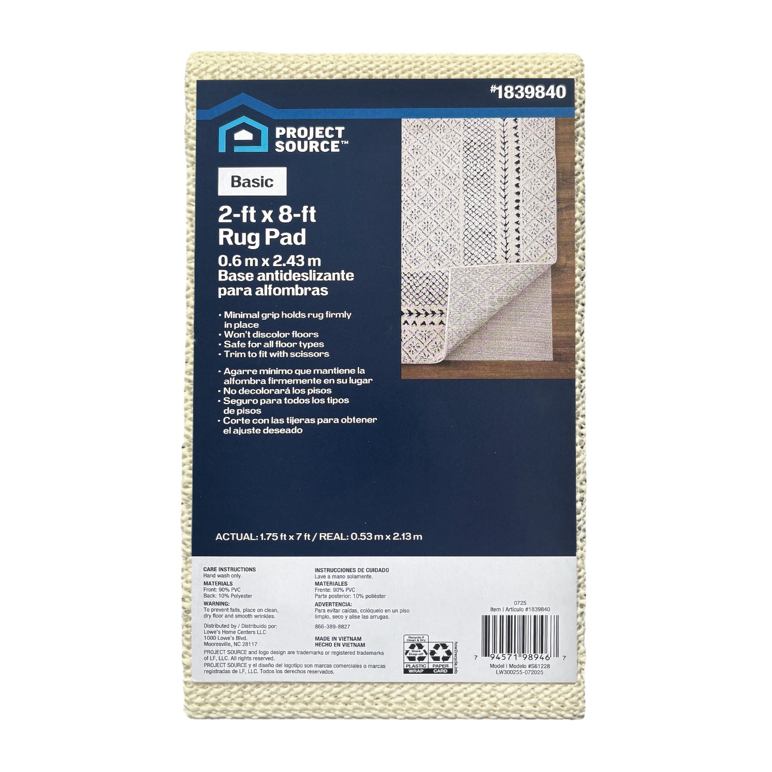 slide 4 of 5, Project Source 2 x 8 (ft) Rectangular Vinyl Non-Slip Rug Pad, 1 ct