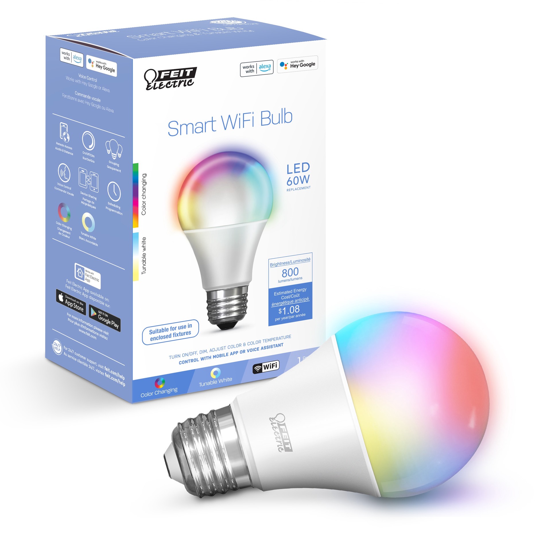 slide 1 of 6, Feit Electric Smart WiFi 60 -Watt EQ A19 RGB Screw bases Dimmable Smart Commercial Light Bulb, 1 ct