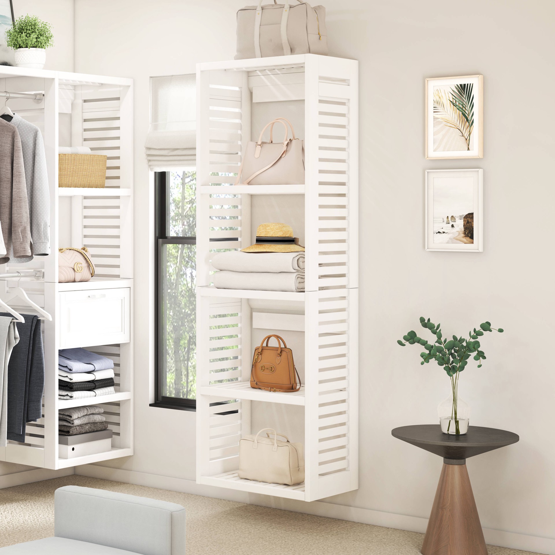 slide 2 of 6, allen + roth Hartford White Ventilated Open shelves Wood Closet Tower ( 24-in W x 16-in D ), 1 ct
