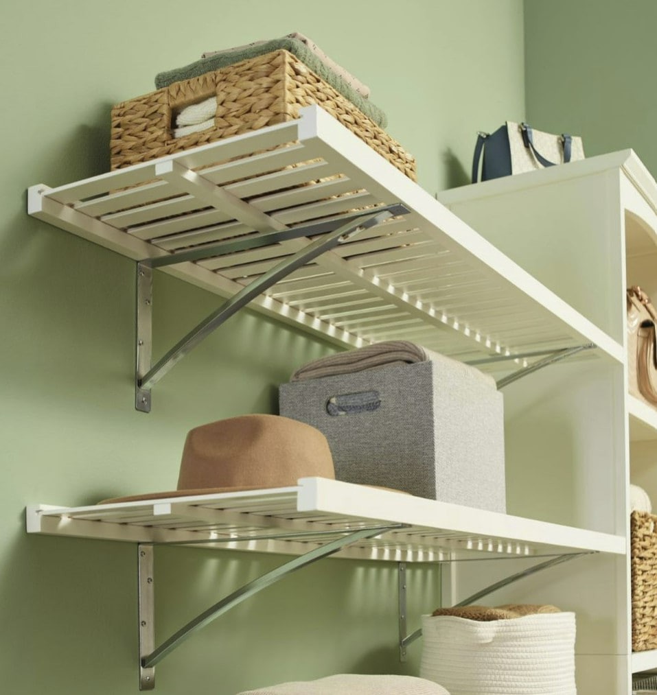 slide 3 of 6, allen + roth 16-in D x 48-in L White Wood Rectangular Shelf board, 1 ct