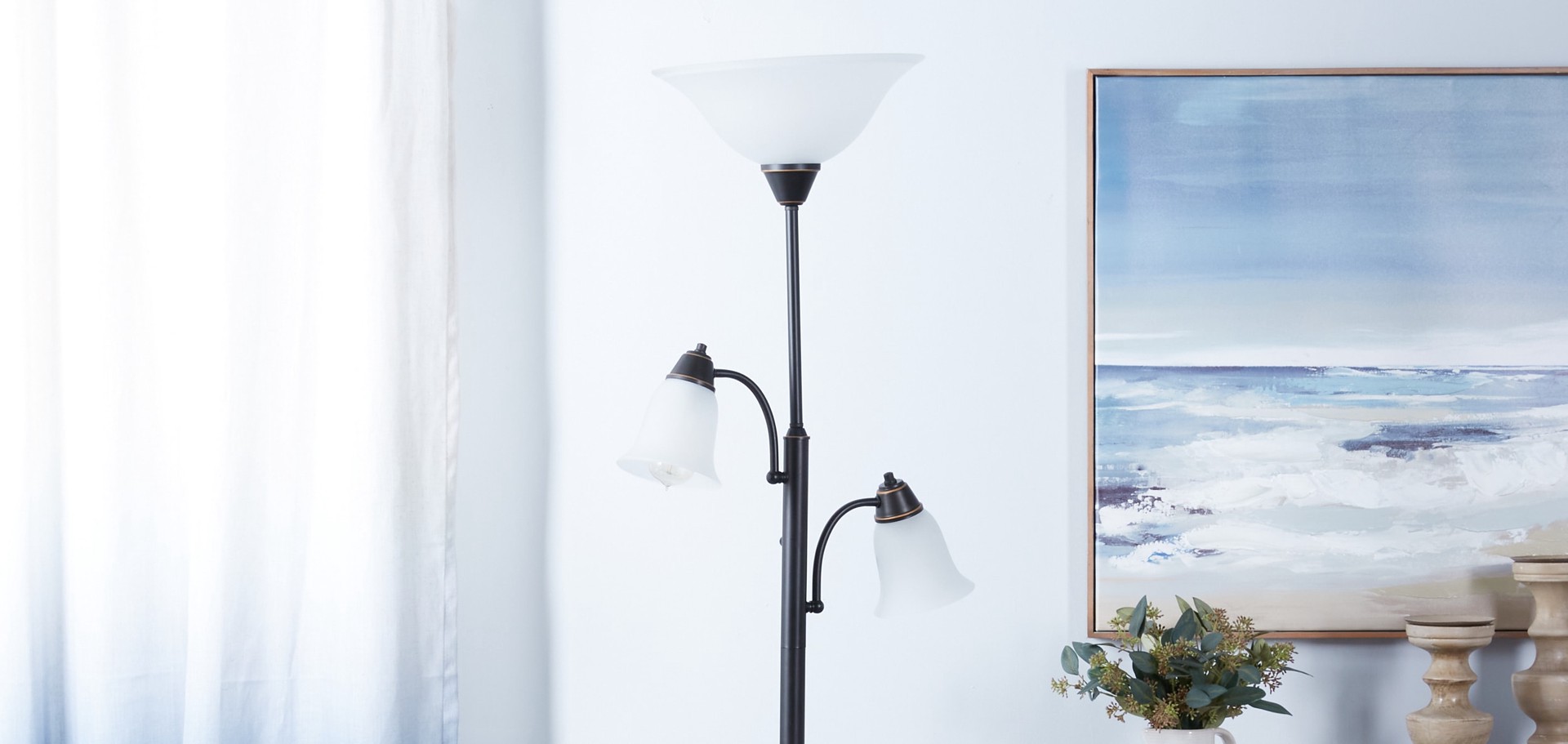 slide 2 of 6, allen + roth 72.36-in Oil-rubbed bronze Torchiere with reading light Floor Lamp with Glass Shade, 1 ct