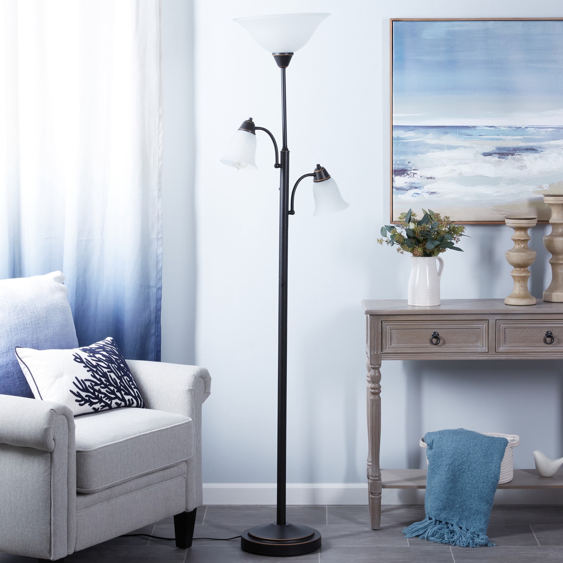 slide 3 of 6, allen + roth 72.36-in Oil-rubbed bronze Torchiere with reading light Floor Lamp with Glass Shade, 1 ct