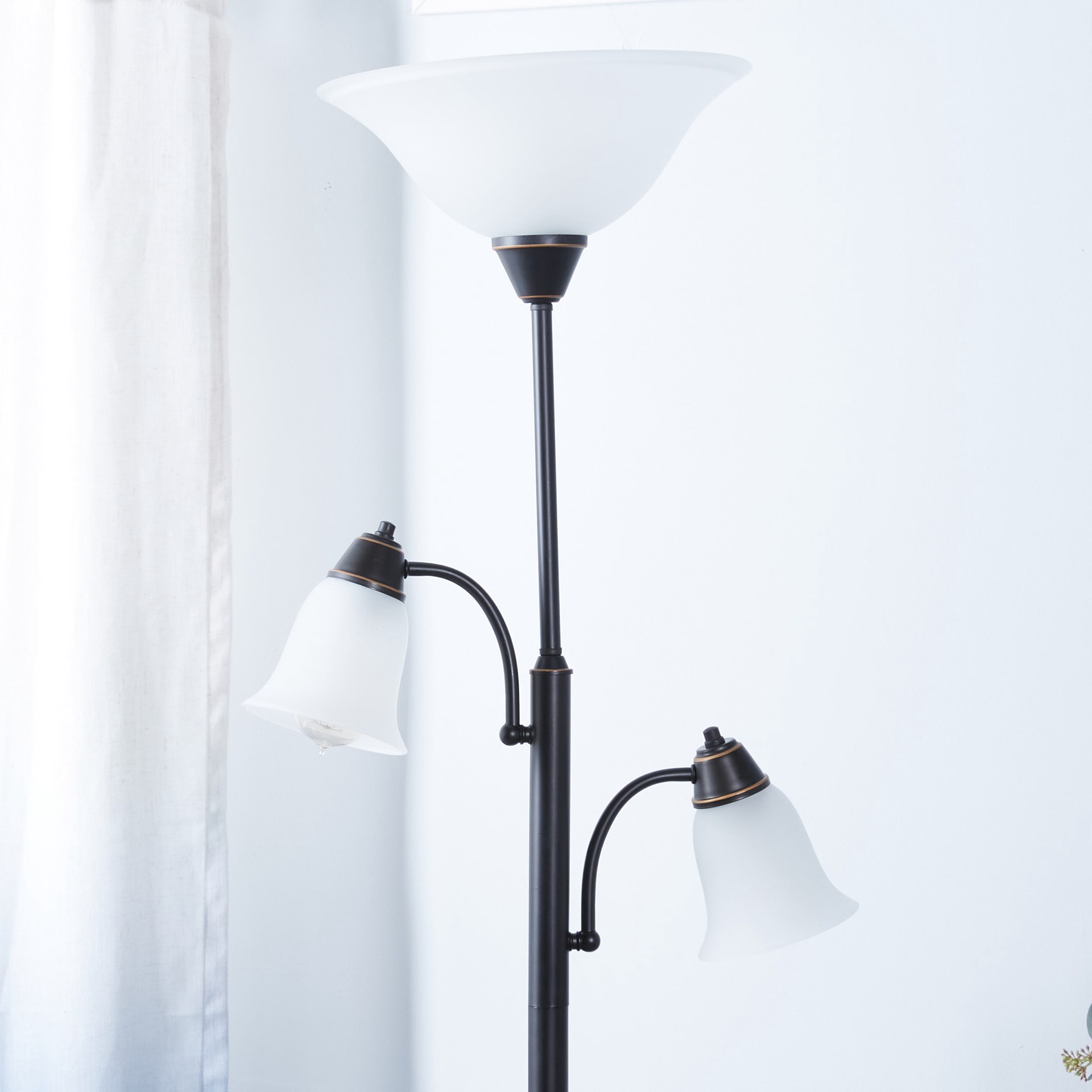 slide 4 of 6, allen + roth 72.36-in Oil-rubbed bronze Torchiere with reading light Floor Lamp with Glass Shade, 1 ct