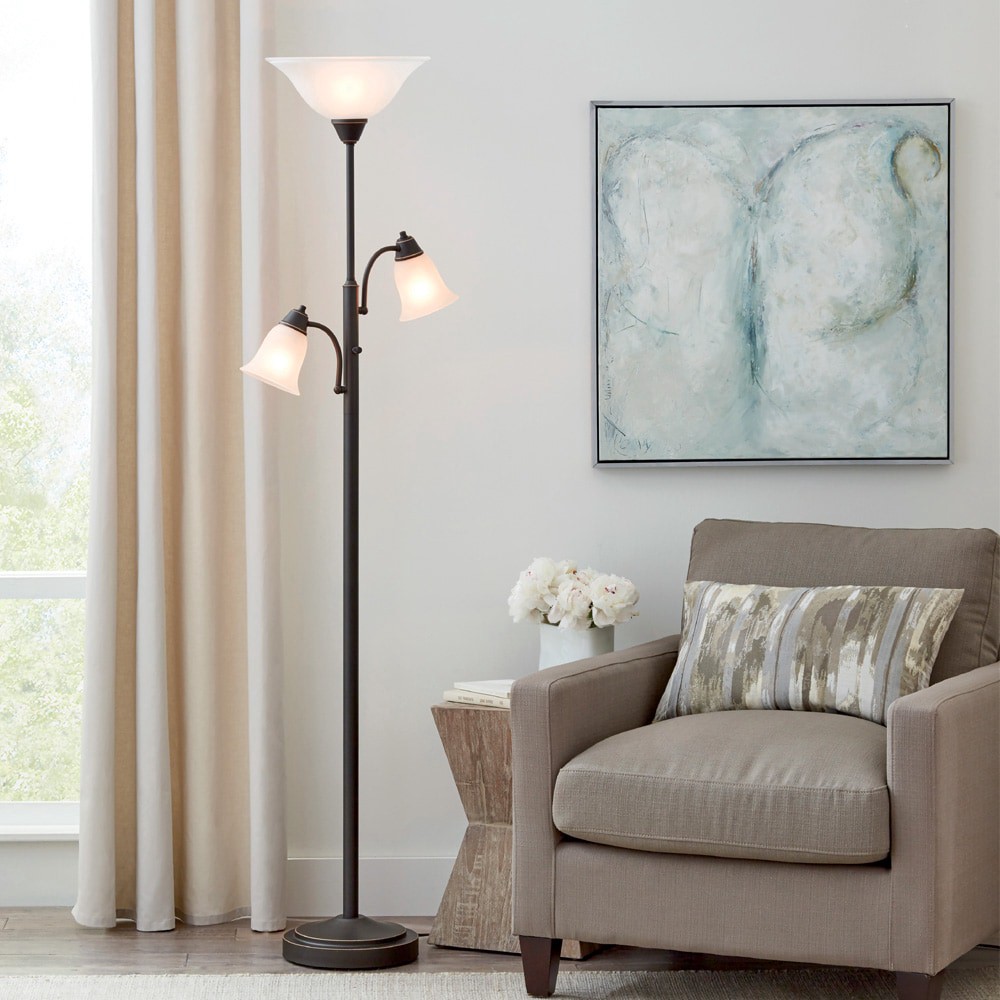 slide 6 of 6, allen + roth 72.36-in Oil-rubbed bronze Torchiere with reading light Floor Lamp with Glass Shade, 1 ct