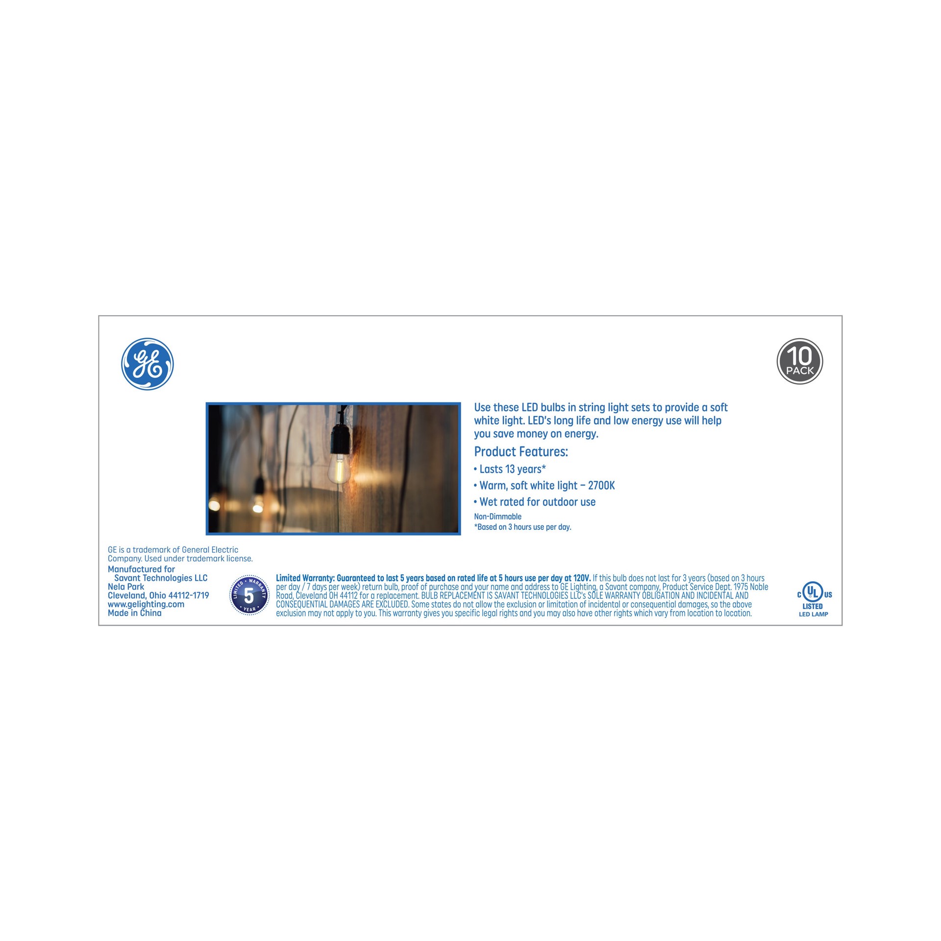 slide 3 of 6, GE LED String Light 11 -Watt EQ S14 Soft white Medium base (E-26) LED Specialty Light Bulb 10 -Pack, 1 ct