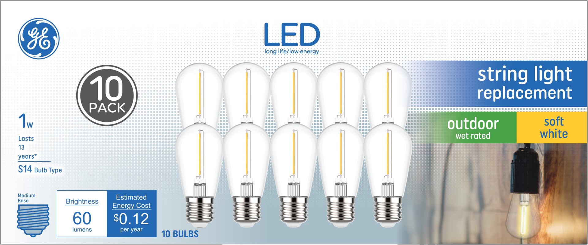 slide 1 of 6, GE LED String Light 11 -Watt EQ S14 Soft white Medium base (E-26) LED Specialty Light Bulb 10 -Pack, 1 ct