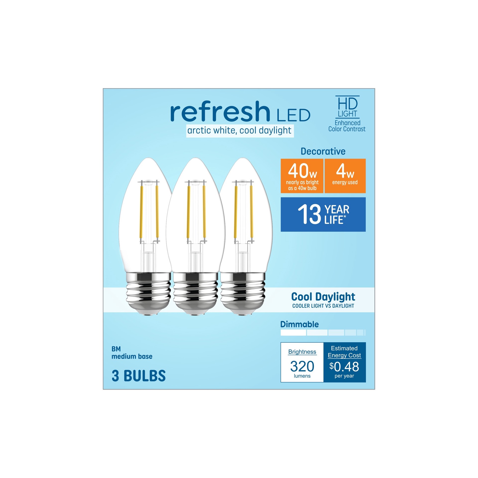 slide 3 of 6, GE Refresh HD Cool Daylight 40 -Watt EQ B11 Cool daylight Dimmable LED Decorative Light Bulb 3 -Pack, 1 ct