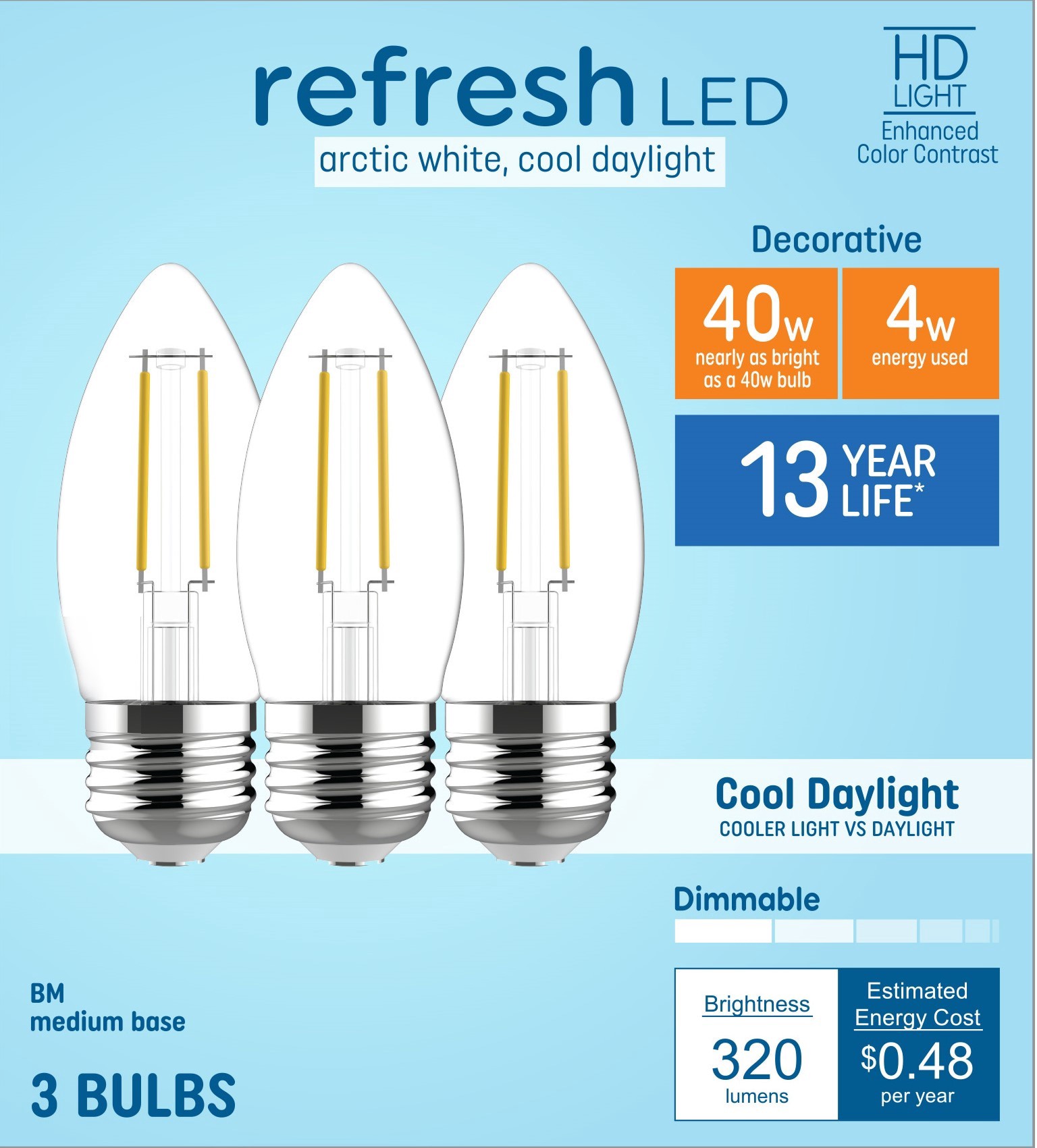 slide 1 of 6, GE Refresh HD Cool Daylight 40 -Watt EQ B11 Cool daylight Dimmable LED Decorative Light Bulb 3 -Pack, 1 ct