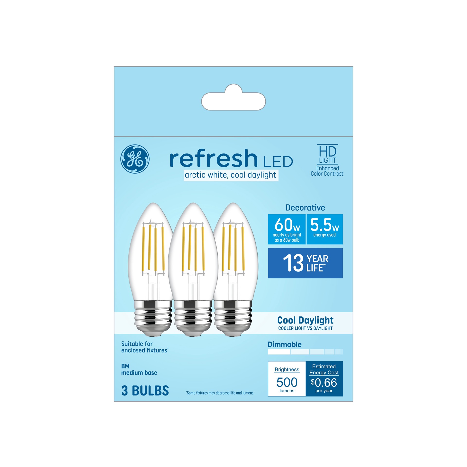 slide 3 of 6, GE Decorative Light Bulbs 60 -Watt EQ B11 Cool daylight Dimmable LED Decorative Light Bulb 3 -Pack, 1 ct
