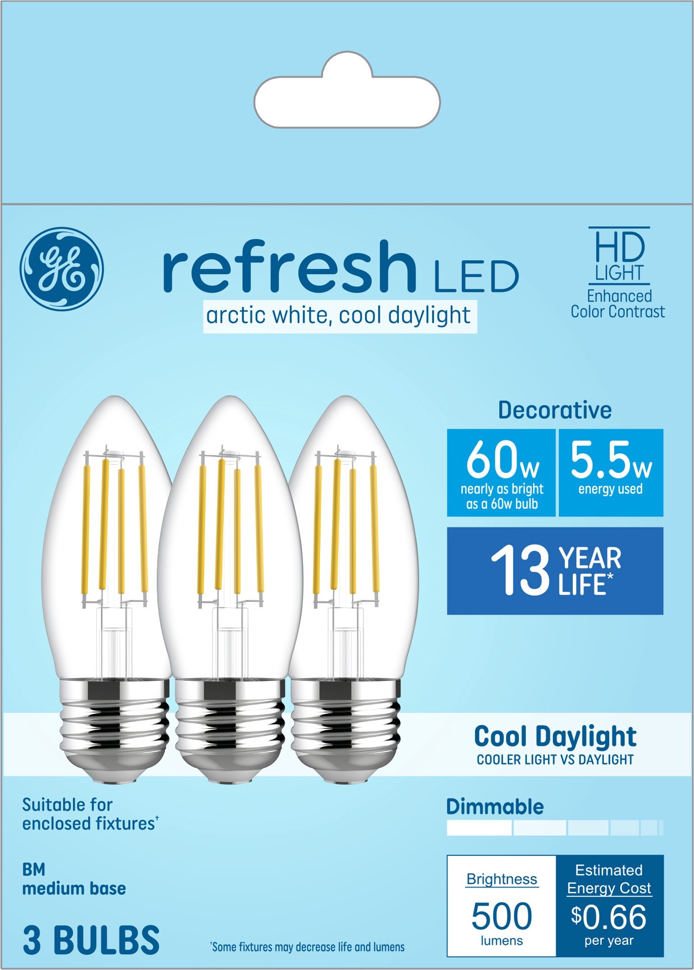 slide 1 of 6, GE Decorative Light Bulbs 60 -Watt EQ B11 Cool daylight Dimmable LED Decorative Light Bulb 3 -Pack, 1 ct