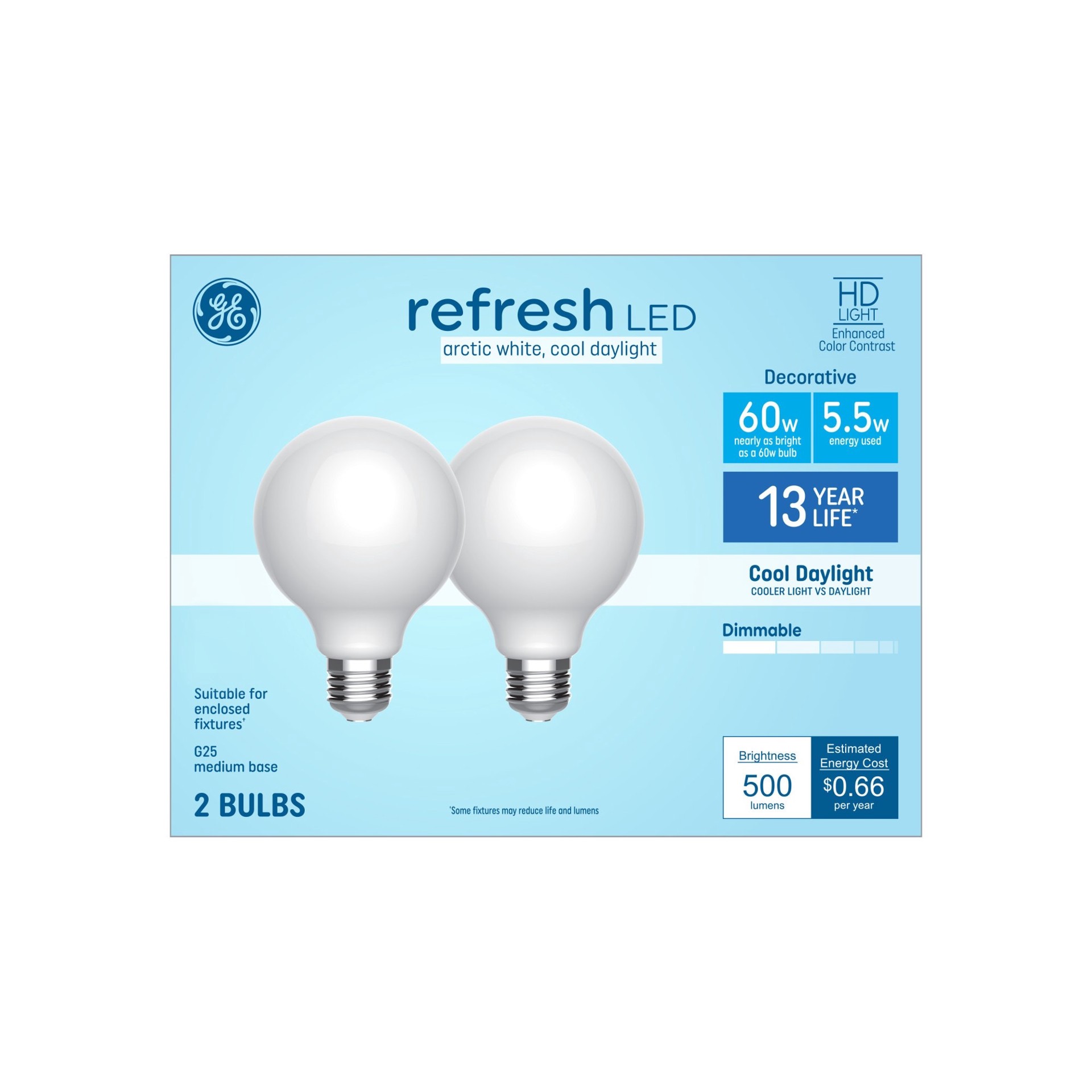 slide 2 of 6, GE 60 -Watt EQ G25 Cool daylight Dimmable LED Decorative Light Bulb 2 -Pack, 1 ct