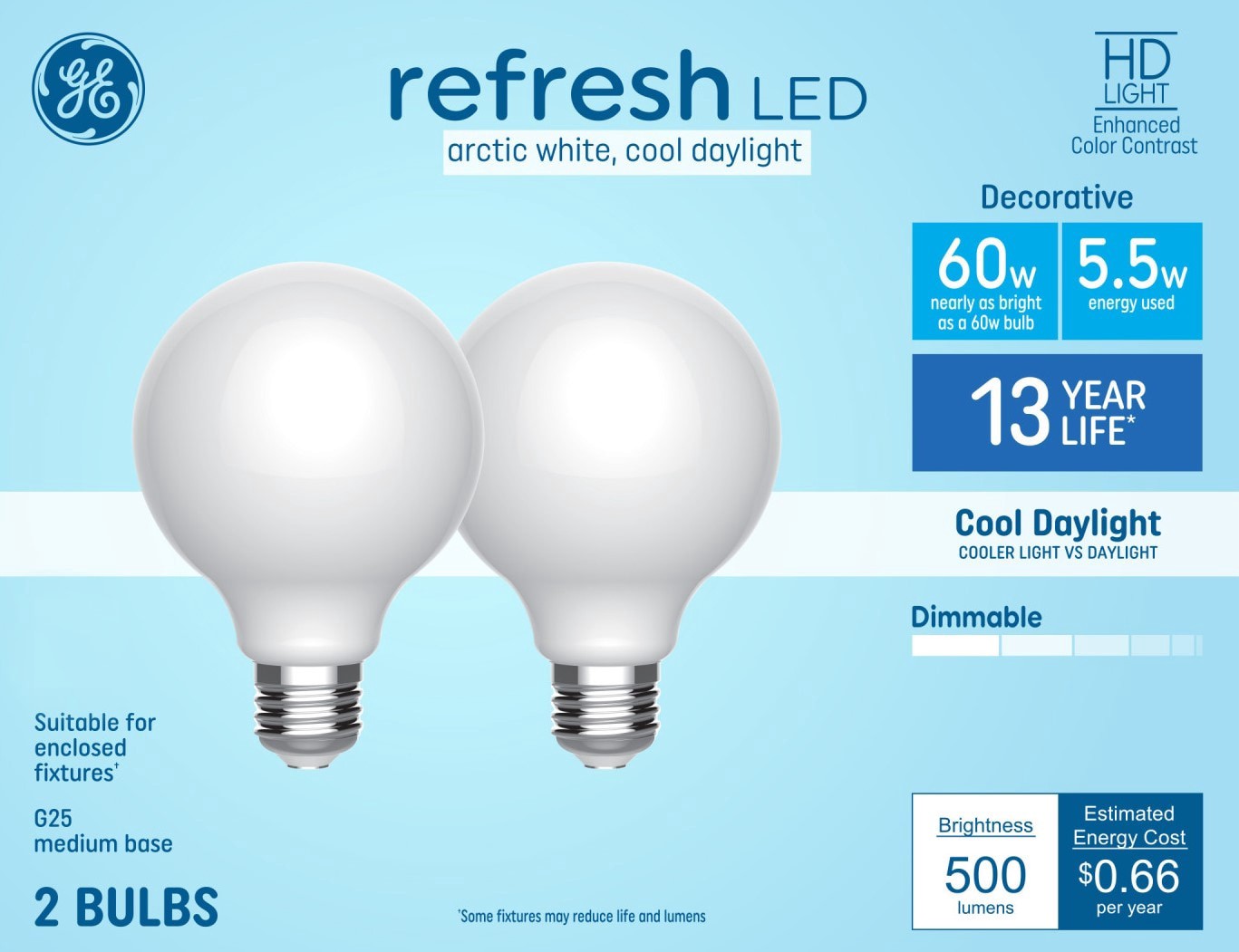 slide 1 of 6, GE 60 -Watt EQ G25 Cool daylight Dimmable LED Decorative Light Bulb 2 -Pack, 1 ct