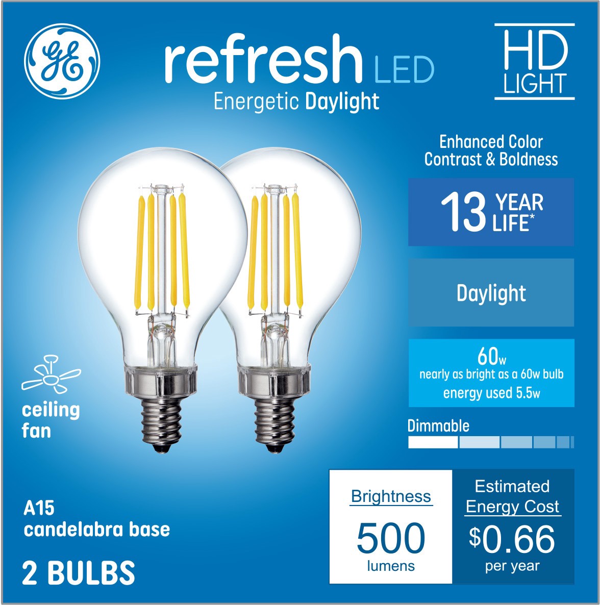 slide 1 of 6, GE Refresh 60 -Watt EQ A15 Daylight Candelabra base (E-12) Dimmable LED General purpose Light Bulb 2 -Pack, 1 ct