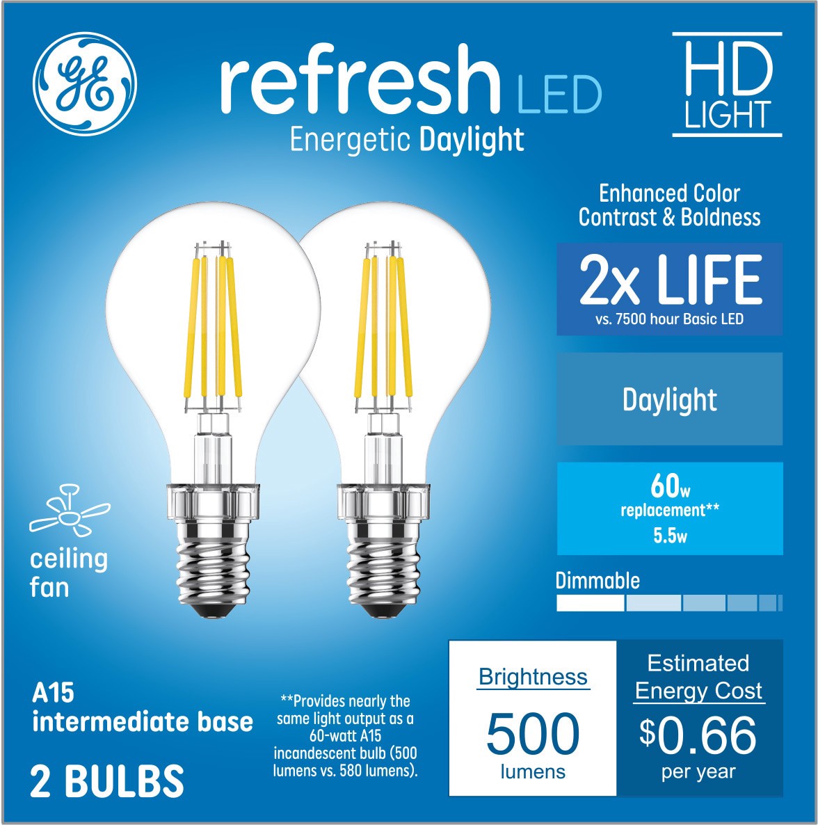 slide 1 of 6, GE Refresh 60 -Watt EQ A15 Daylight Intermediate base (E-17) Dimmable LED General purpose Light Bulb 2 -Pack, 1 ct