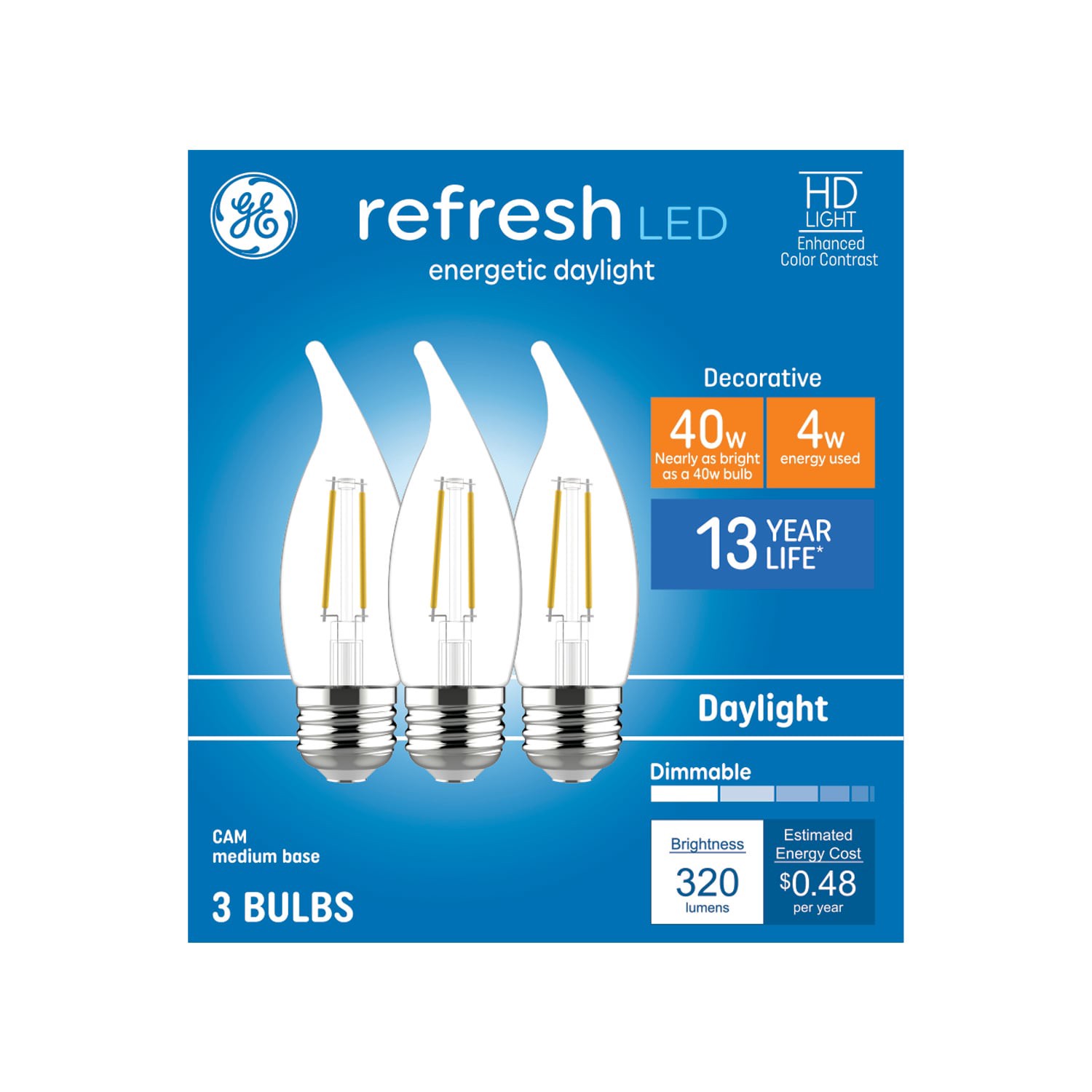 slide 4 of 6, GE Refresh 40 -Watt EQ CA11 Daylight Medium base (E-26) Dimmable LED General purpose Light Bulb 3 -Pack, 1 ct