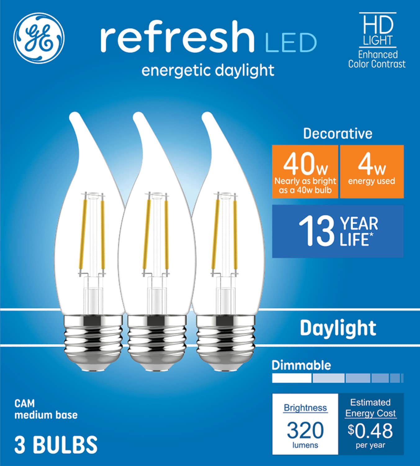 slide 1 of 6, GE Refresh 40 -Watt EQ CA11 Daylight Medium base (E-26) Dimmable LED General purpose Light Bulb 3 -Pack, 1 ct