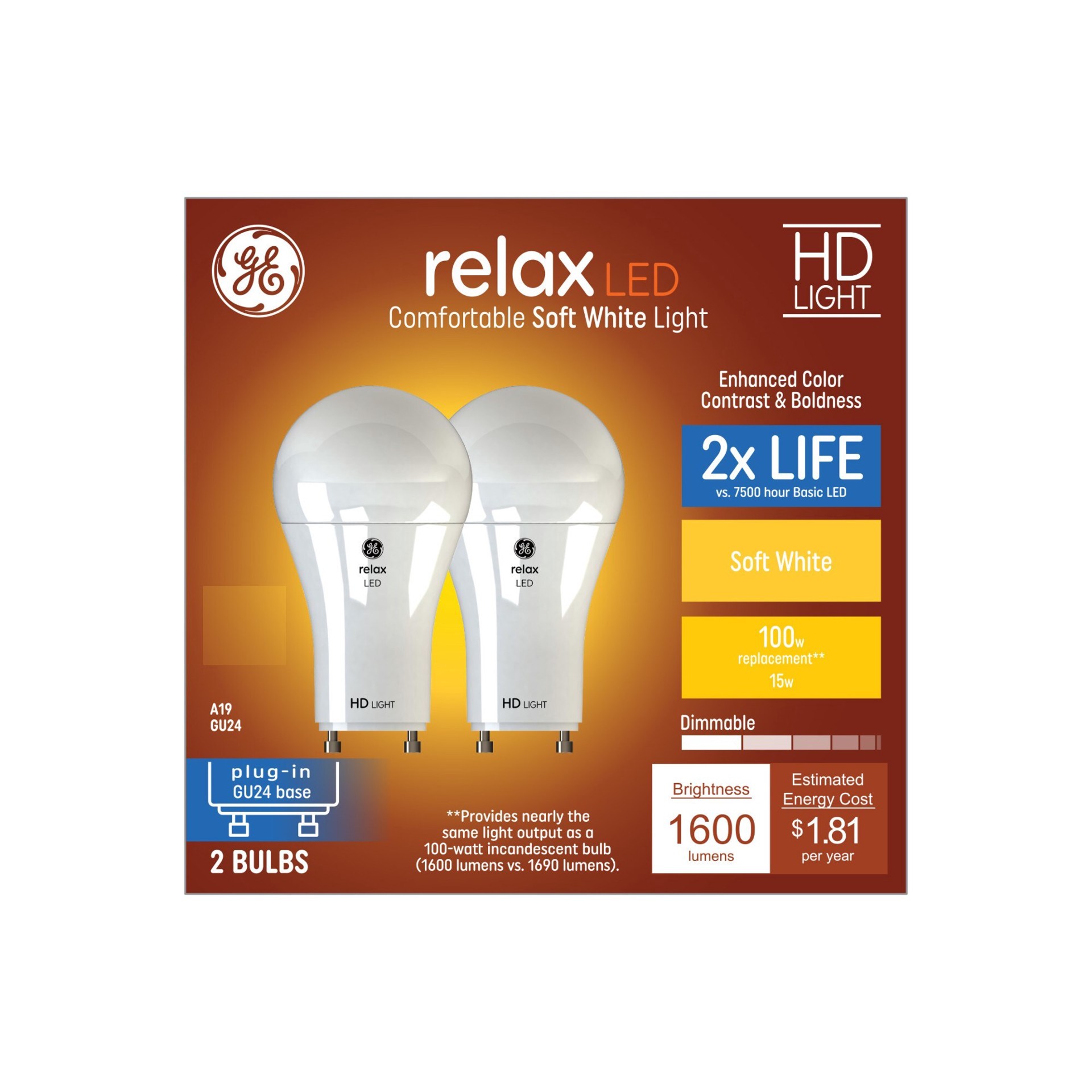 slide 4 of 6, GE Relax HD 100 -Watt EQ A19 Soft white GU24 pin base Dimmable LED General purpose Light Bulb 2 -Pack, 1 ct