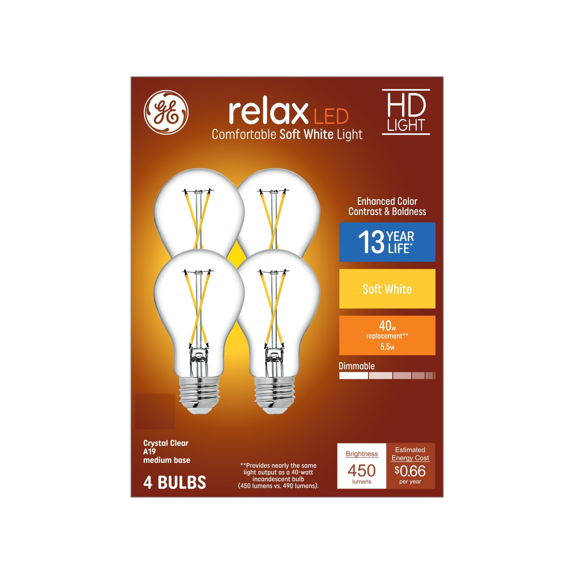 slide 4 of 6, GE Relax 40 -Watt EQ A19 Soft white Medium base (E-26) Dimmable LED General purpose Light Bulb 4 -Pack, 1 ct