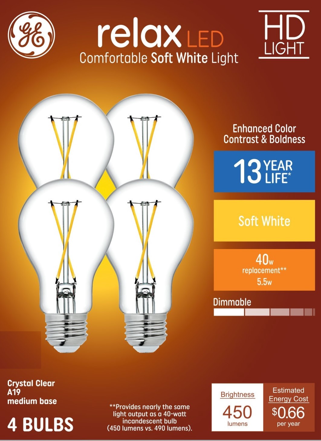 slide 1 of 6, GE Relax 40 -Watt EQ A19 Soft white Medium base (E-26) Dimmable LED General purpose Light Bulb 4 -Pack, 1 ct