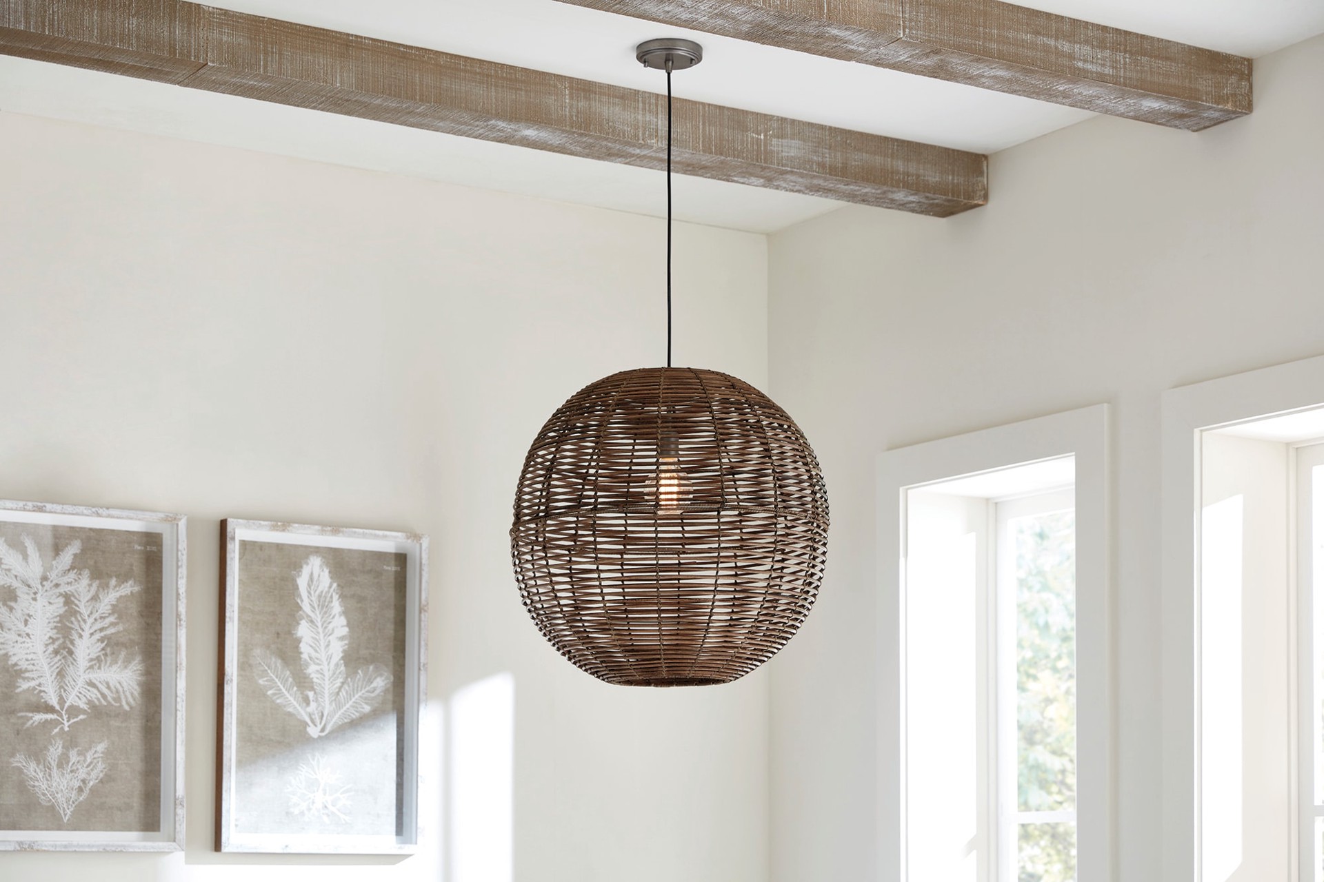 slide 3 of 6, allen + roth Cleo 1 -Light Raw iron Canopy with Dark Natural Rattan Shade Traditional Globe Large Hanging Pendant light, 1 ct