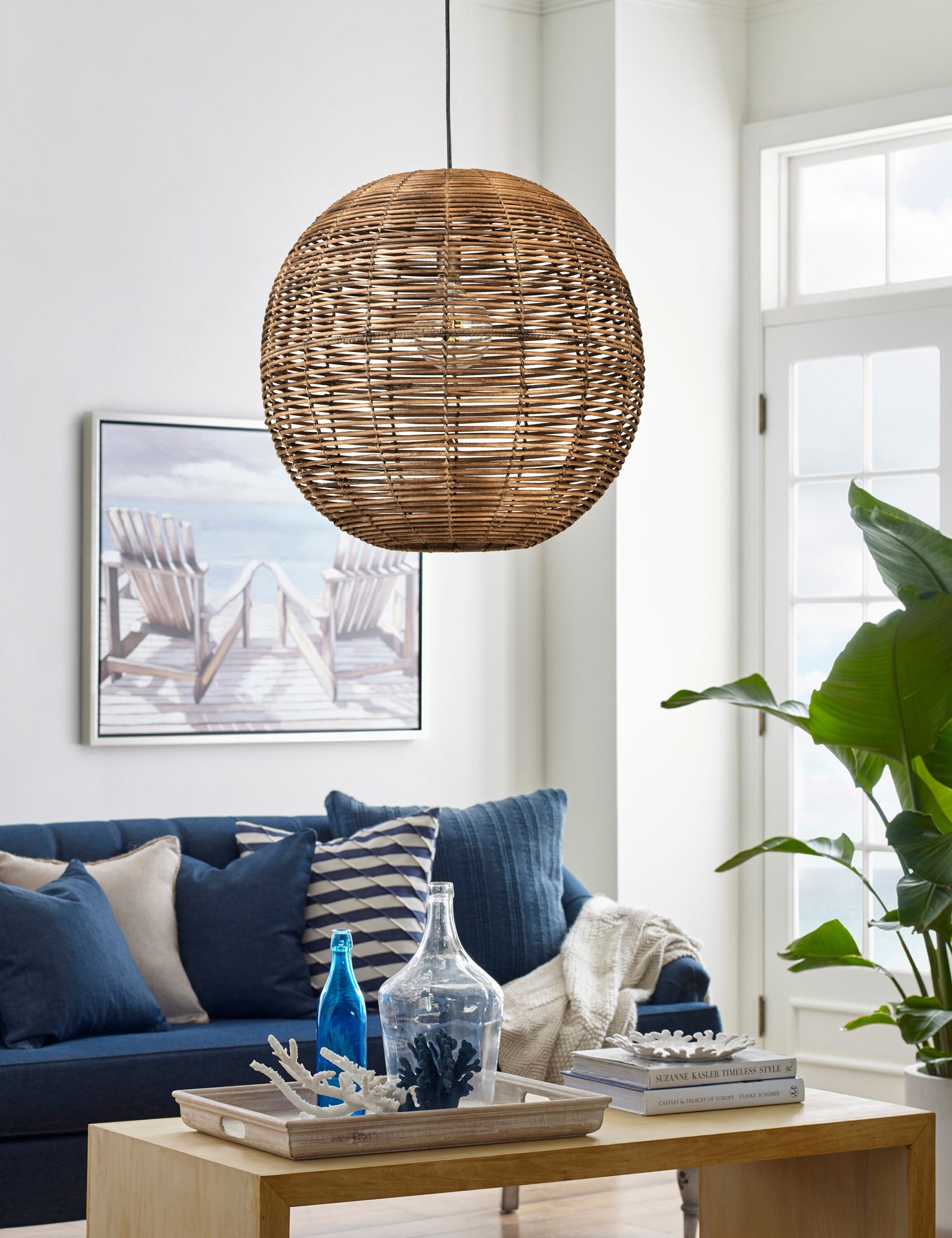 slide 4 of 6, allen + roth Cleo 1 -Light Raw iron Canopy with Dark Natural Rattan Shade Traditional Globe Large Hanging Pendant light, 1 ct