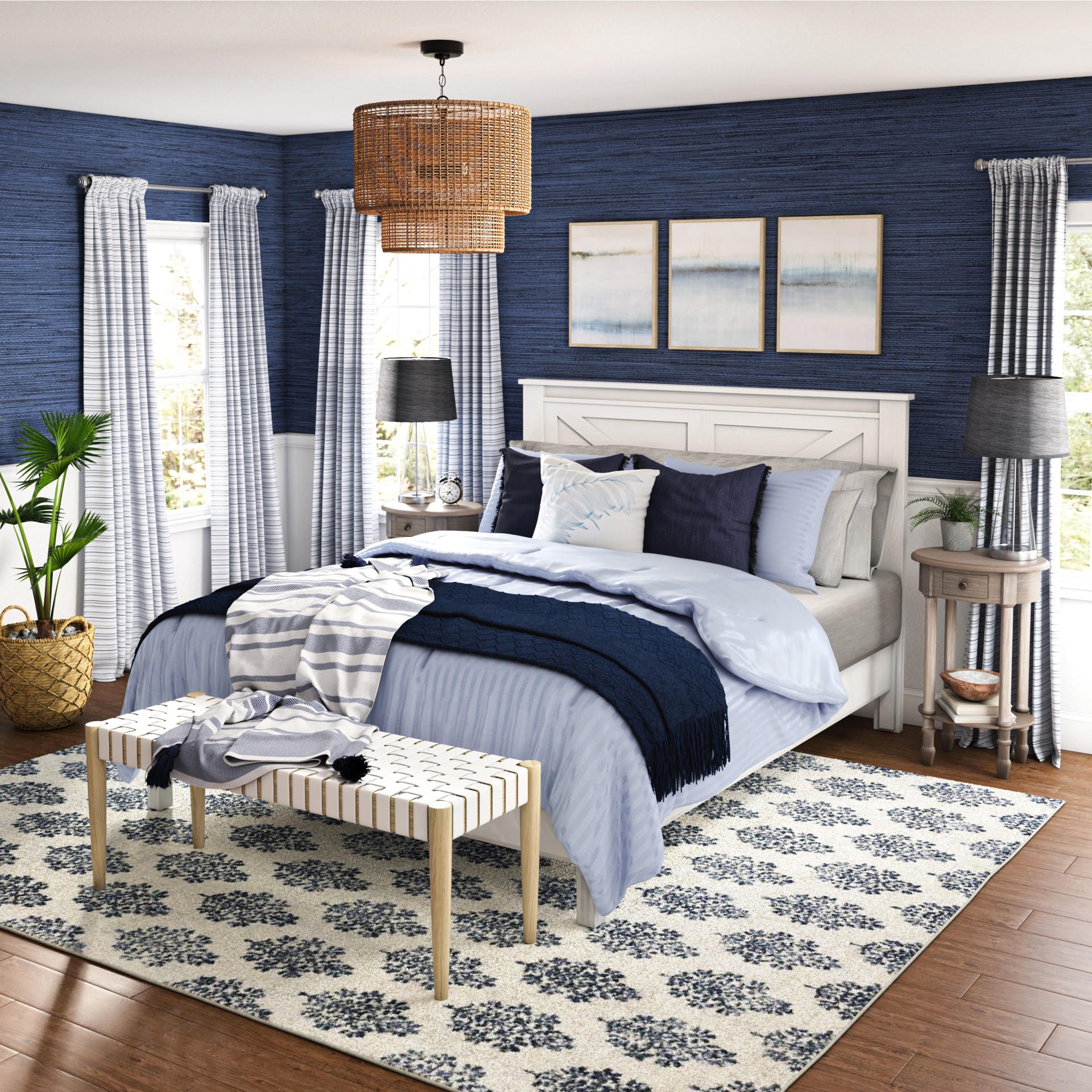 slide 2 of 6, allen + roth Adara 3 -Light Natural Traditional Drum Medium Hanging Pendant light, 1 ct