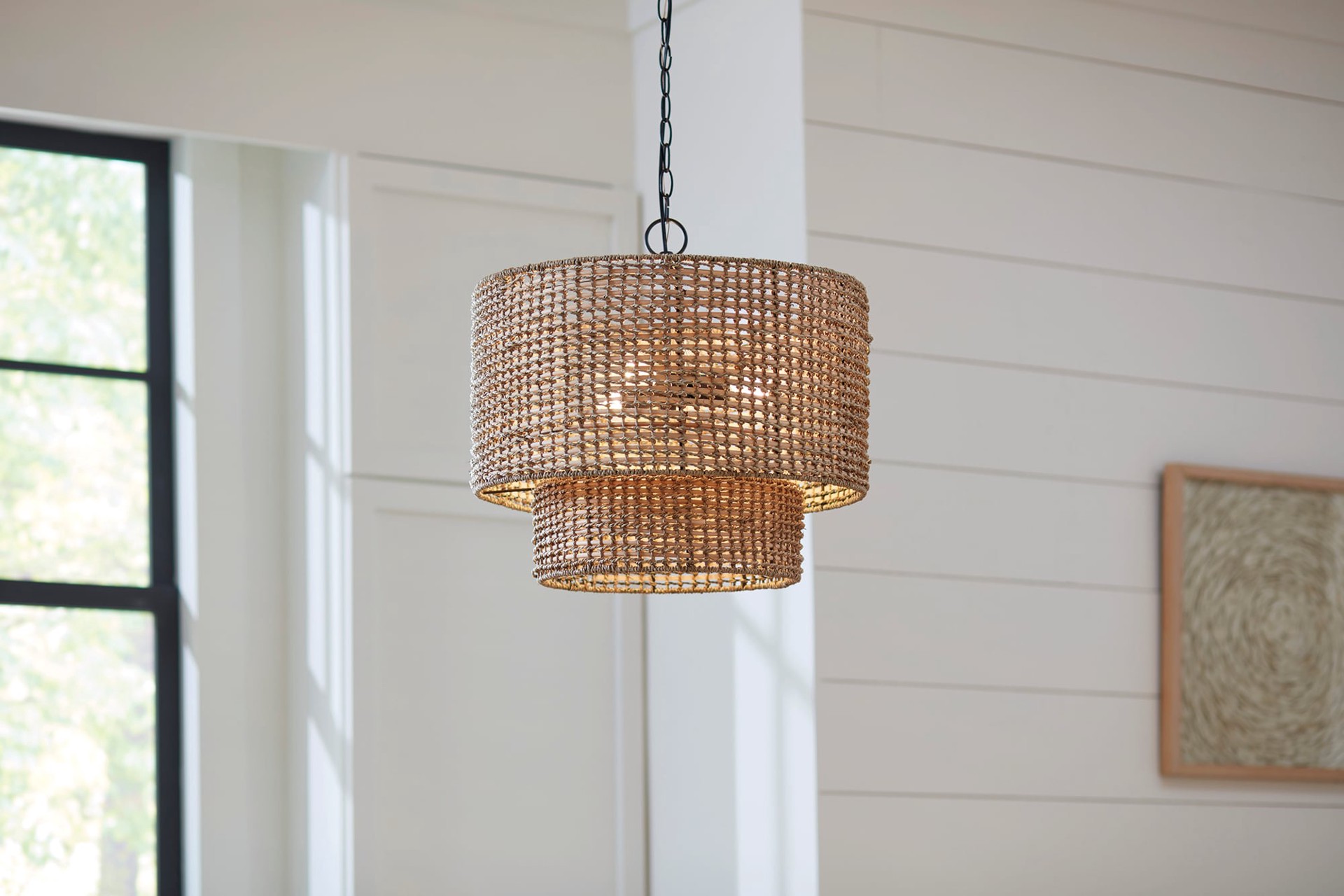 slide 1 of 6, allen + roth Adara 3 -Light Natural Traditional Drum Medium Hanging Pendant light, 1 ct