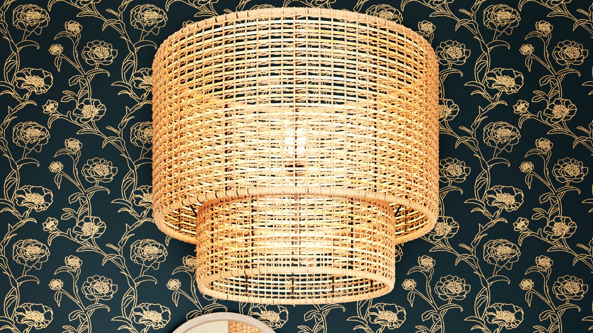 slide 3 of 6, allen + roth Adara 3 -Light Natural Traditional Drum Medium Hanging Pendant light, 1 ct