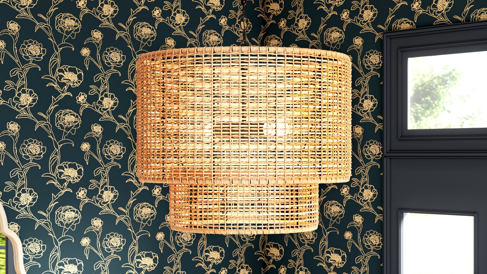 slide 4 of 6, allen + roth Adara 3 -Light Natural Traditional Drum Medium Hanging Pendant light, 1 ct