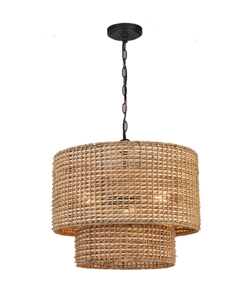slide 5 of 6, allen + roth Adara 3 -Light Natural Traditional Drum Medium Hanging Pendant light, 1 ct