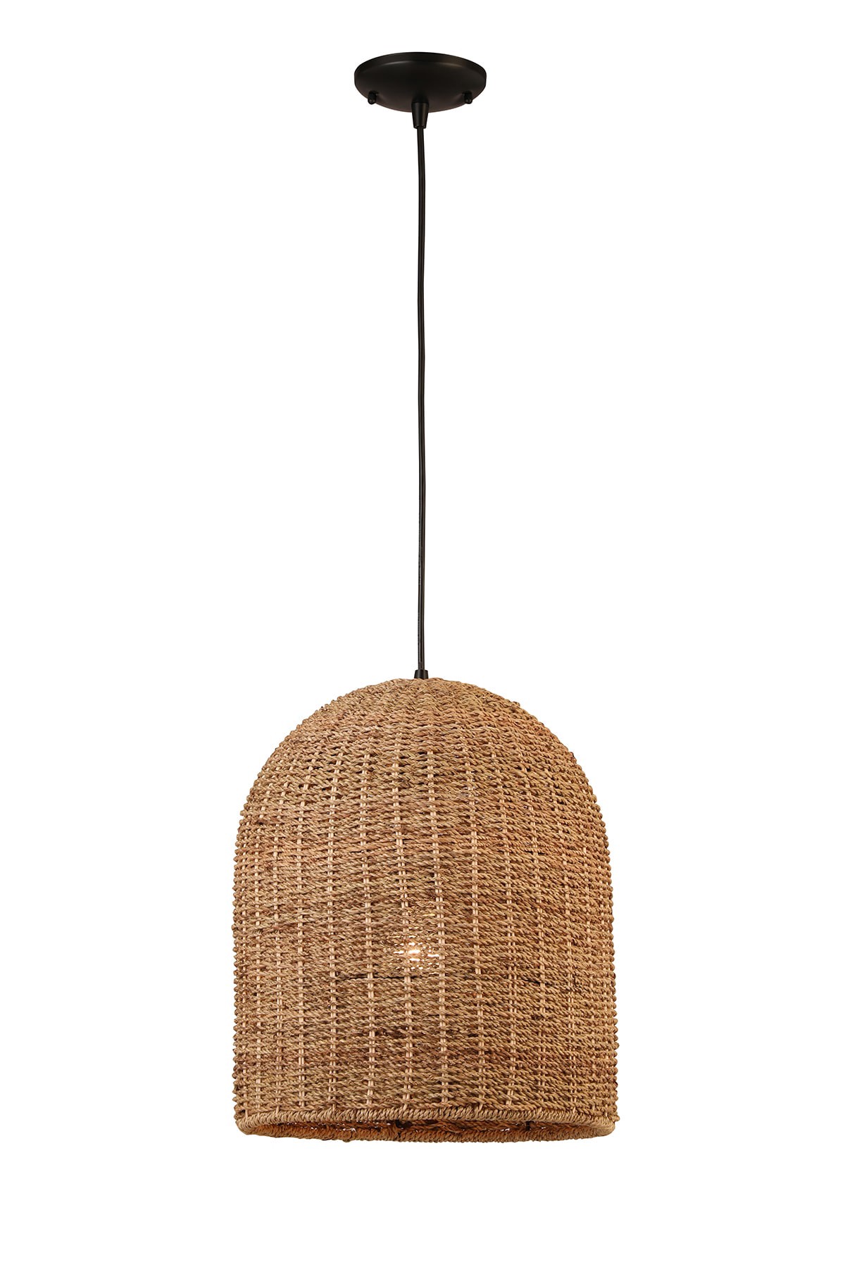 slide 2 of 6, allen + roth Brit 1 -Light Black Canopy With Natural Rattan Shade Traditional Dome Medium Hanging Pendant light, 1 ct