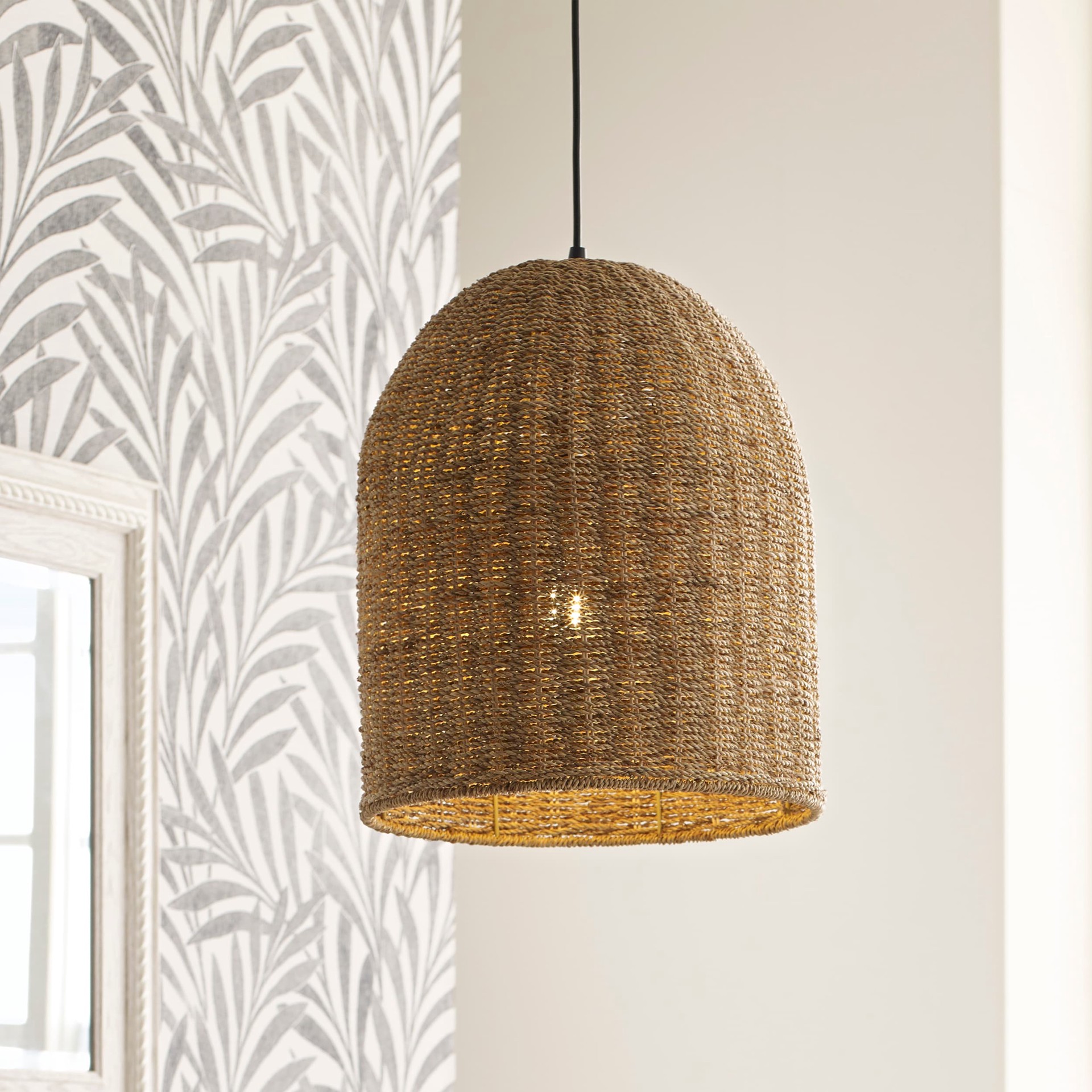 slide 1 of 6, allen + roth Brit 1 -Light Black Canopy With Natural Rattan Shade Traditional Dome Medium Hanging Pendant light, 1 ct