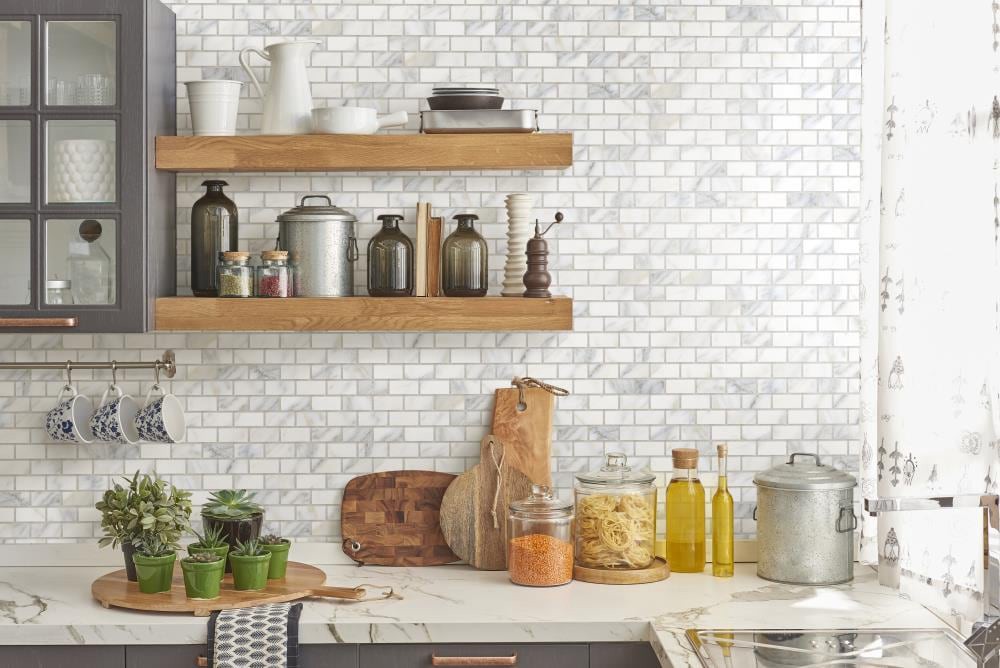 slide 4 of 6, allen + roth Arabescato White 12-in x 12-in Matte Porcelain Mosaic Floor and Wall Tile ( 0.96-sq ft Piece ), 1 ct