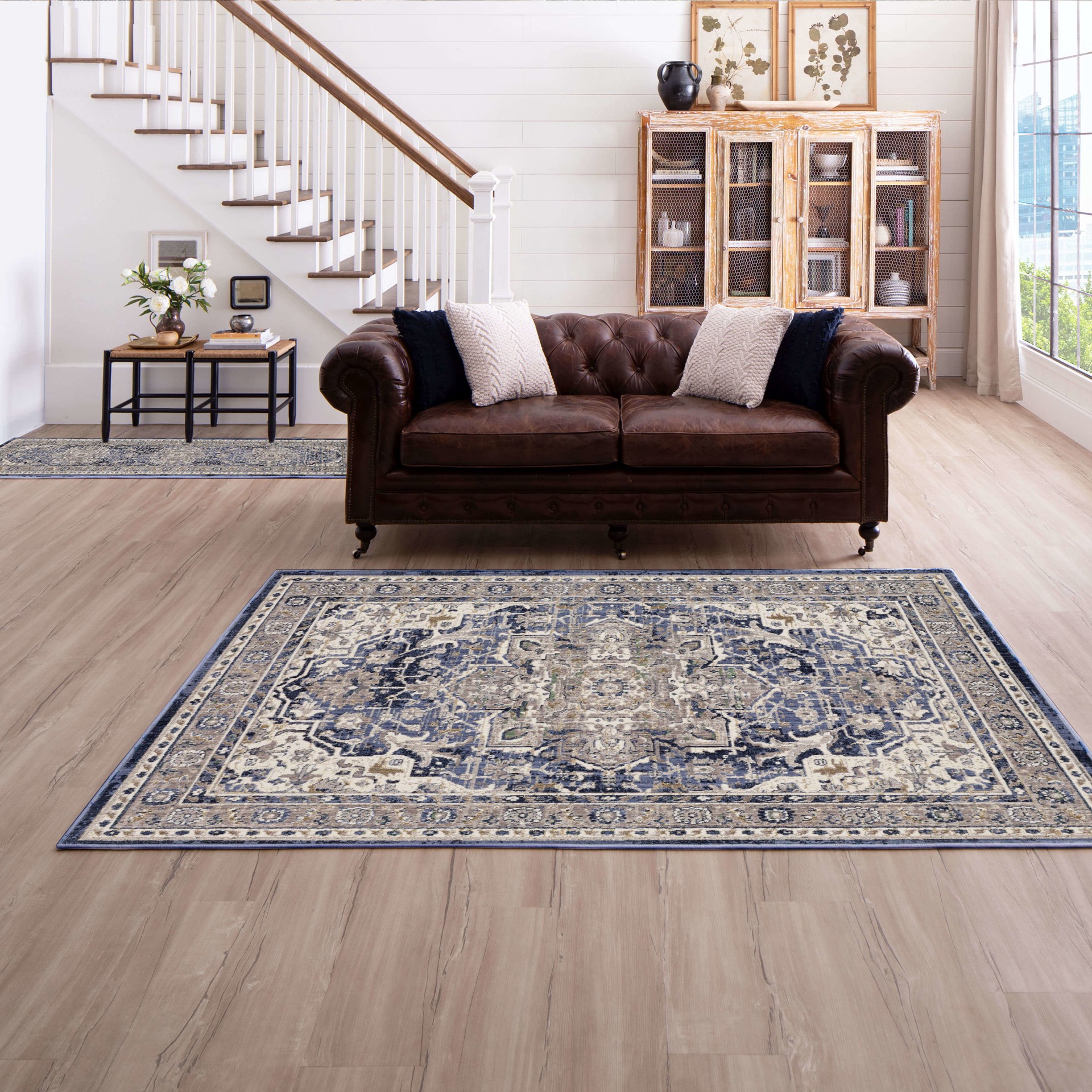 slide 1 of 6, allen + roth Evelyn 5 x 8 (ft) Loomed Blue Rectangular Indoor Geometric French Country Pet Friendly Area rug, 1 ct