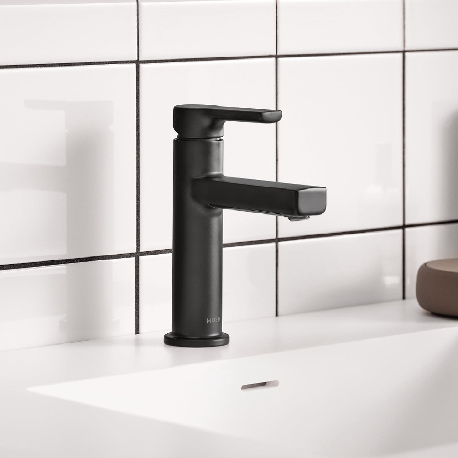 slide 1 of 6, Moen Rinza Matte Black Single hole 1-handle WaterSense High-arc Residential Handle Bathroom Sink Faucet with Drain with Deck Plate, 1 ct