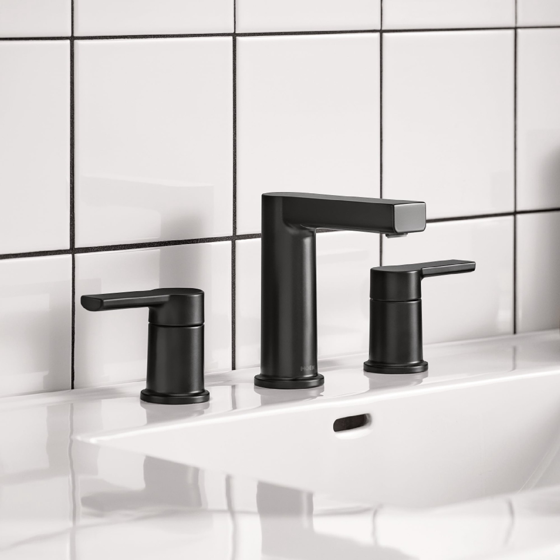 slide 1 of 6, Moen Rinza Matte Black Widespread 2-handle WaterSense High-arc Commercial/Residential Handle Bathroom Sink Faucet with Drain, 1 ct