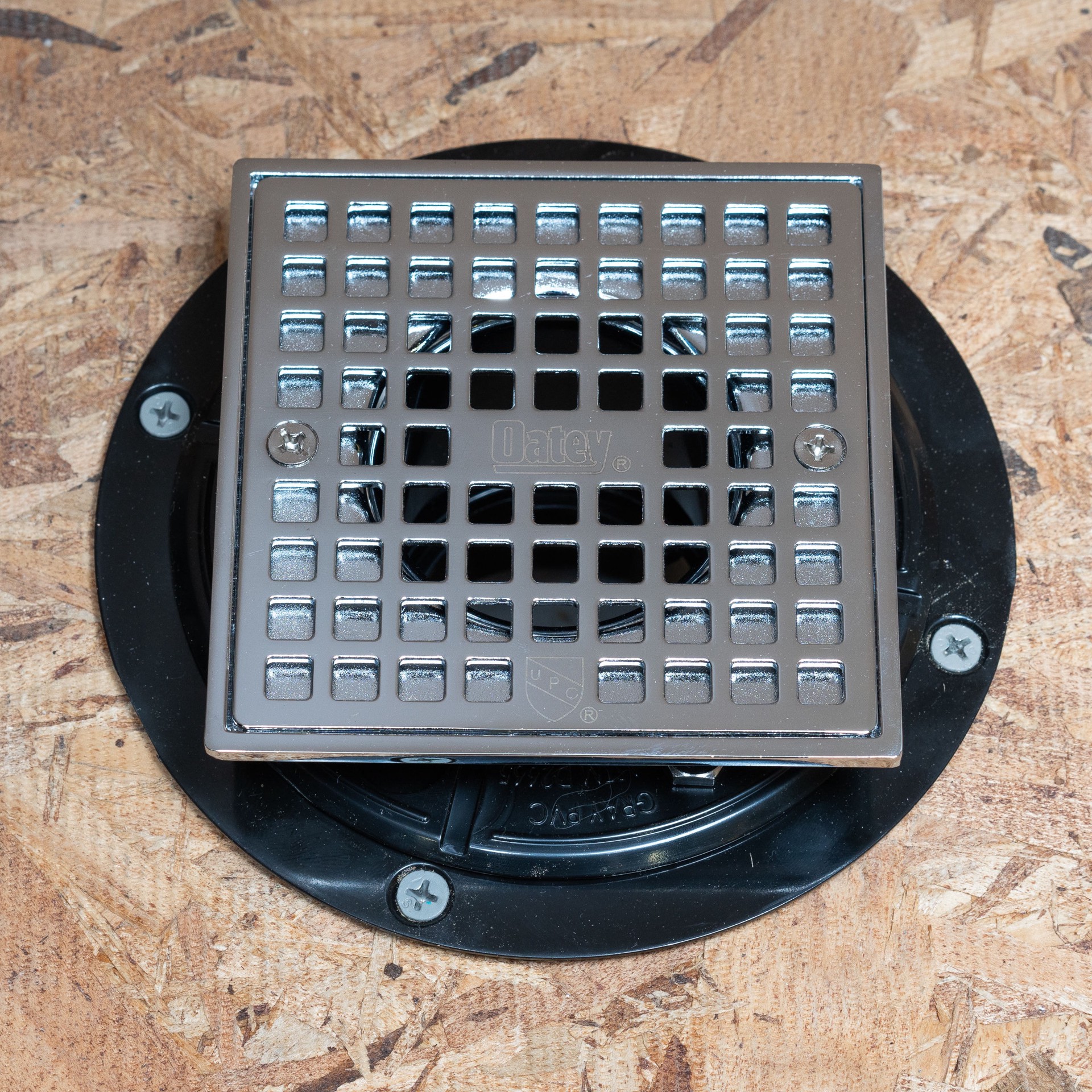 slide 4 of 6, Oatey 2-in or 3-in ABS Low Profile Drain with Square Chrome Strainer, 1 ct