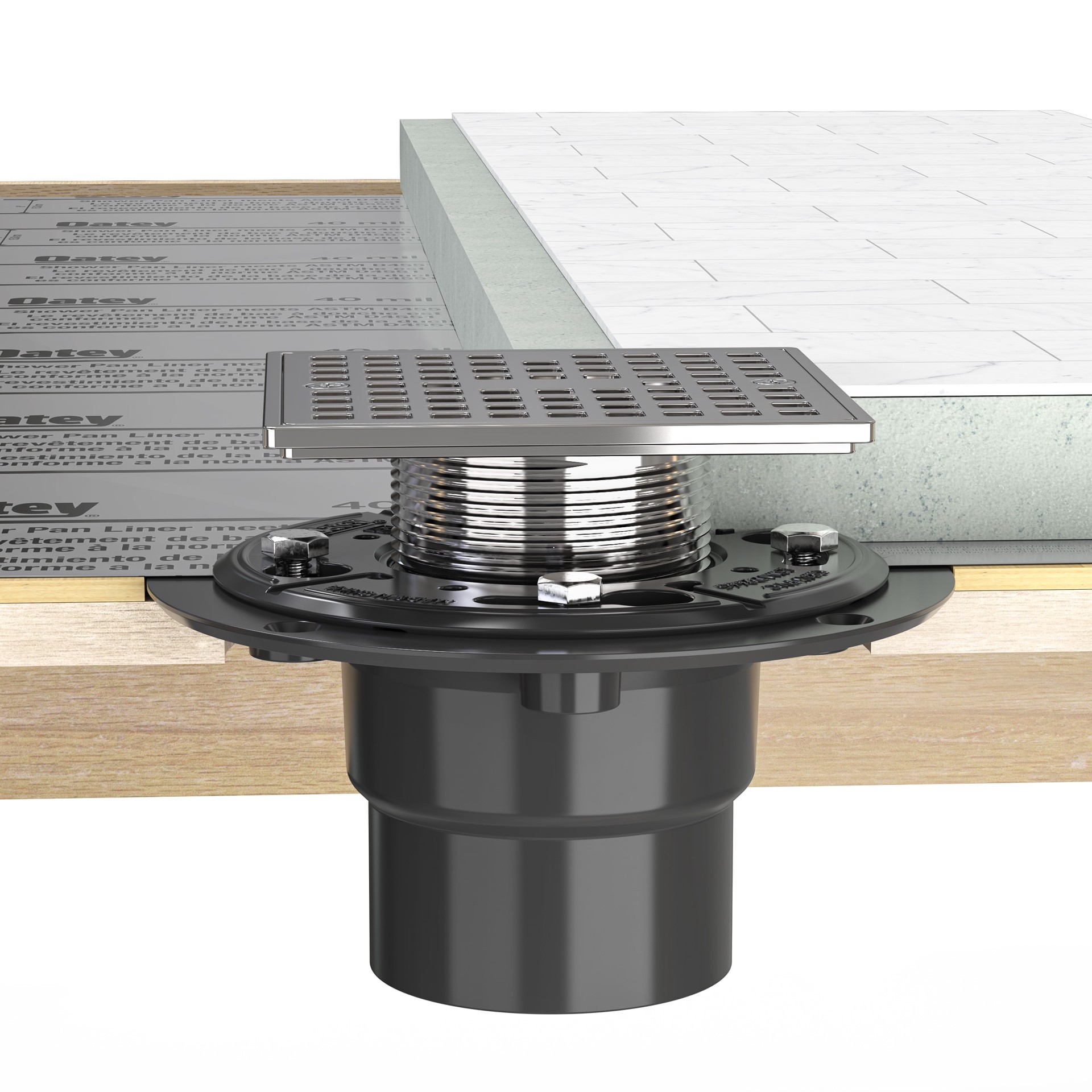 slide 5 of 6, Oatey 2-in or 3-in ABS Low Profile Drain with Square Chrome Strainer, 1 ct