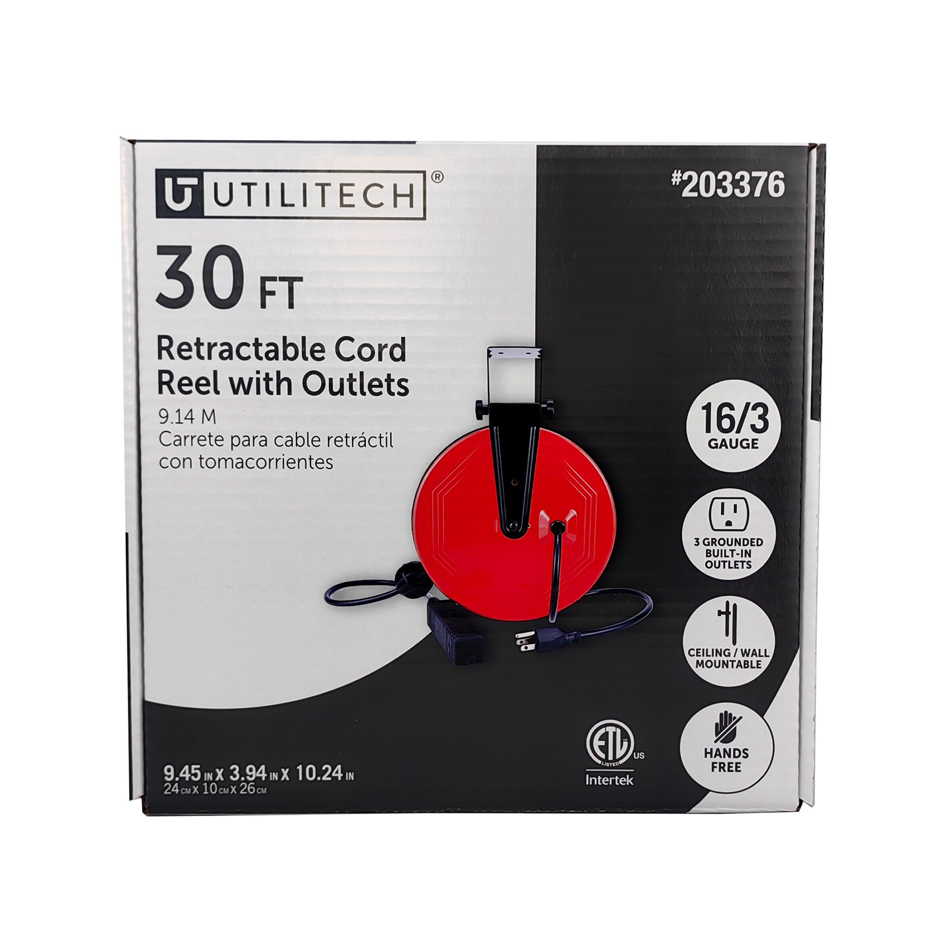 slide 3 of 3, Utilitech 30 Ft. 16/3 SJT Retractable Cord Reel, 1 ct