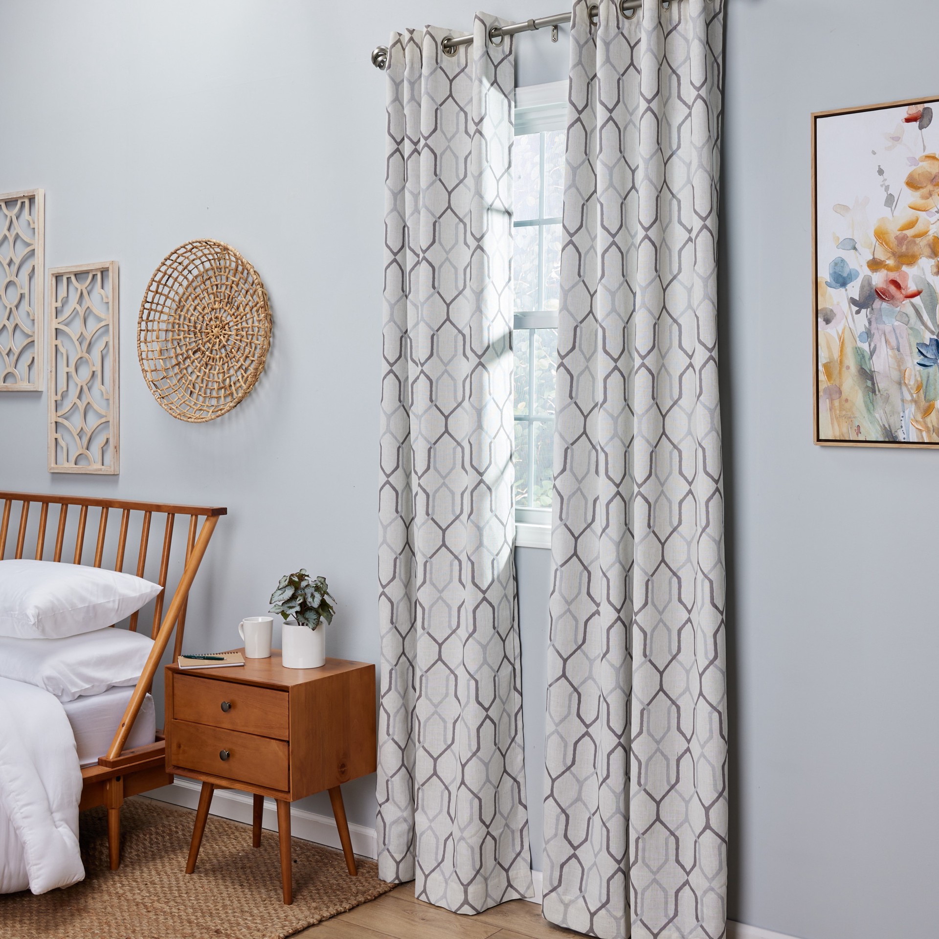 slide 2 of 6, allen + roth 95.0-in Mushroom Geometric Blackout Thermal lined Grommet Single curtain panel, 1 ct