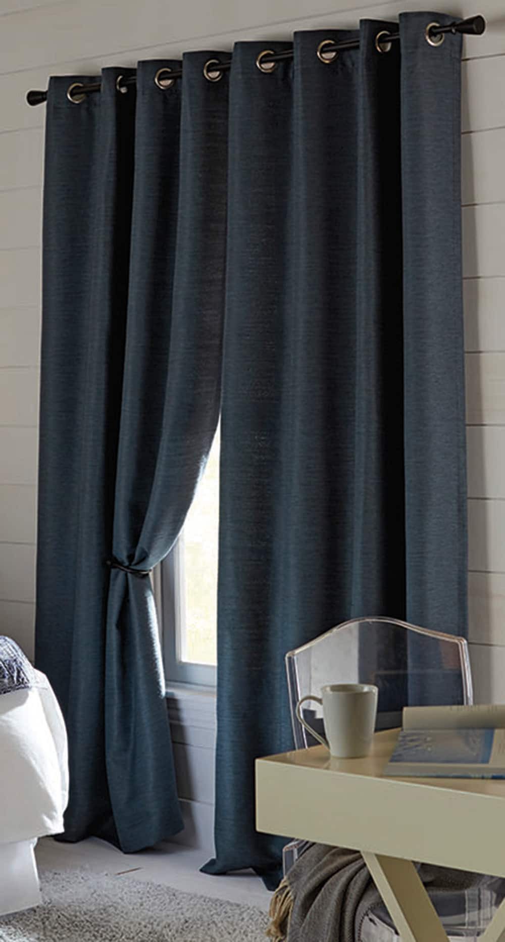 slide 1 of 6, allen + roth 95-in Indigo Room darkening Thermal lined Grommet Single curtain panel, 1 ct