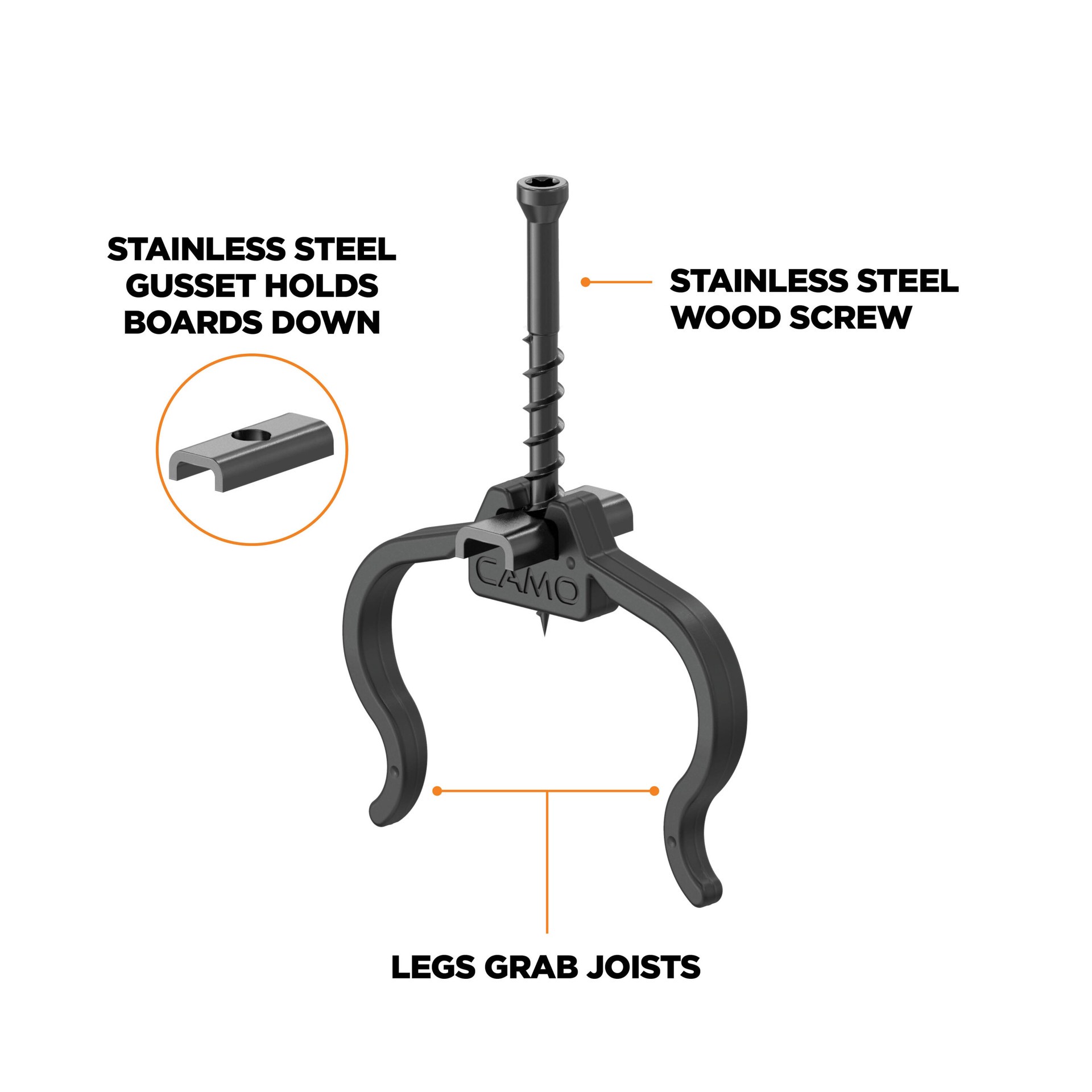 slide 4 of 6, CAMO Edge Clip Deck clips 304 Stainless Steel Gusset and 410 Stainless Steel Screw Hidden Deck Fastener 250 Square feet ( 450 -Pack ), 1 ct