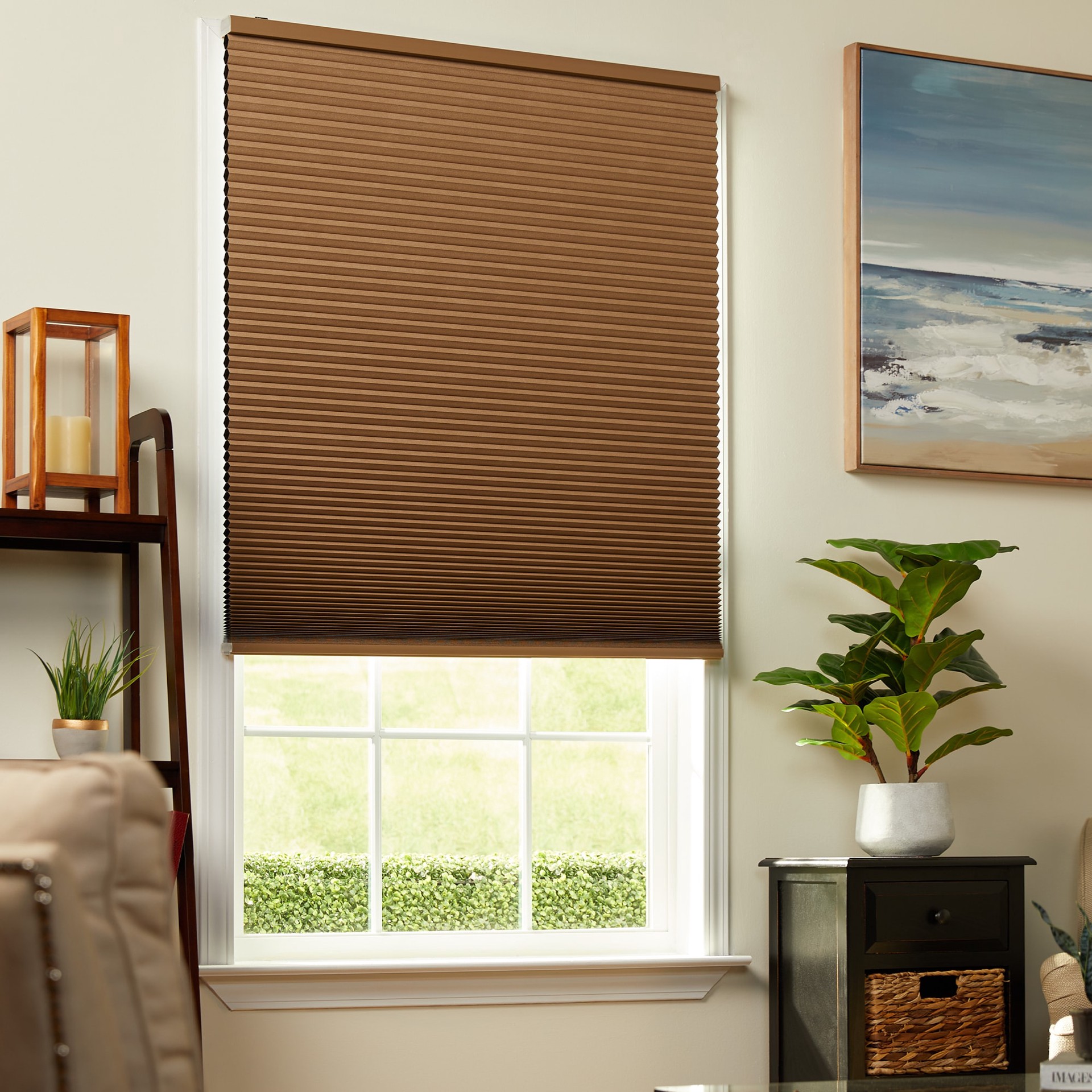 slide 3 of 6, allen + roth 39-in x 64-in Linen Blackout Cordless Cellular Shade, 1 ct