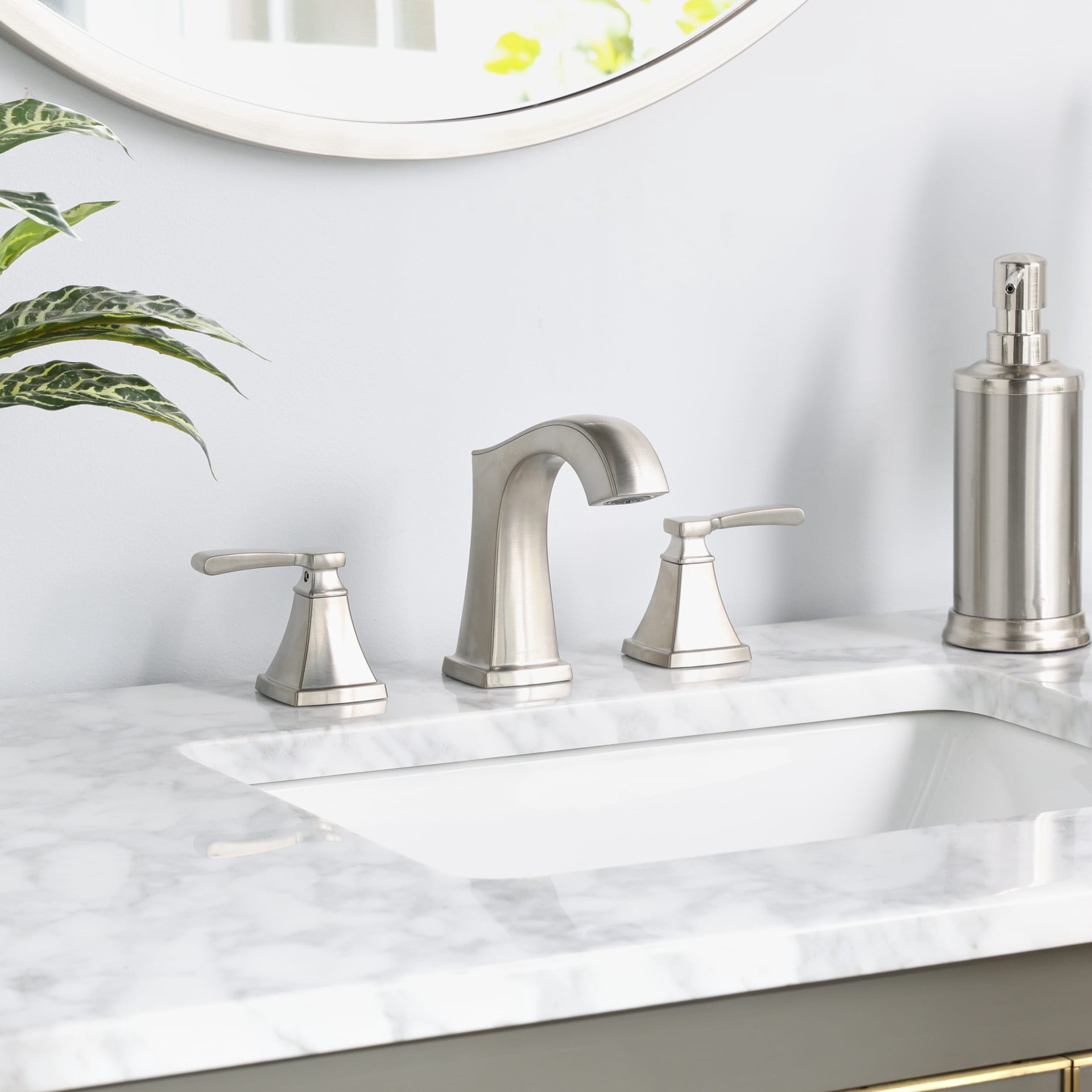 slide 3 of 6, allen + roth Chesler Brushed Nickel Widespread 2-handle WaterSense Mid-arc Residential Handle Bathroom Sink Faucet with Drain, 1 ct